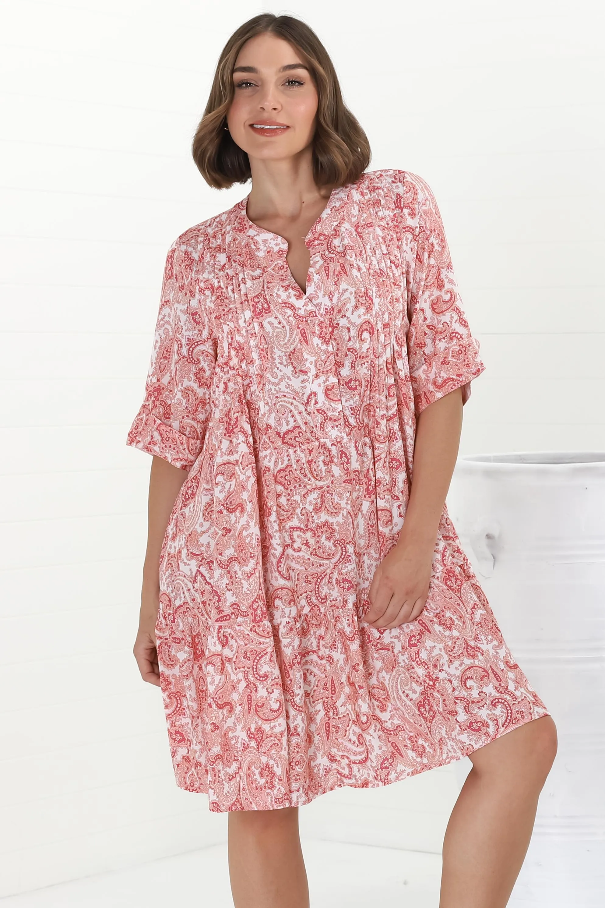 Evie Mini Dress - 3/4 Sleeve Tiered Smock Dress in Henrietta Print Pink sold by Salty Crush product image thumbnail 3