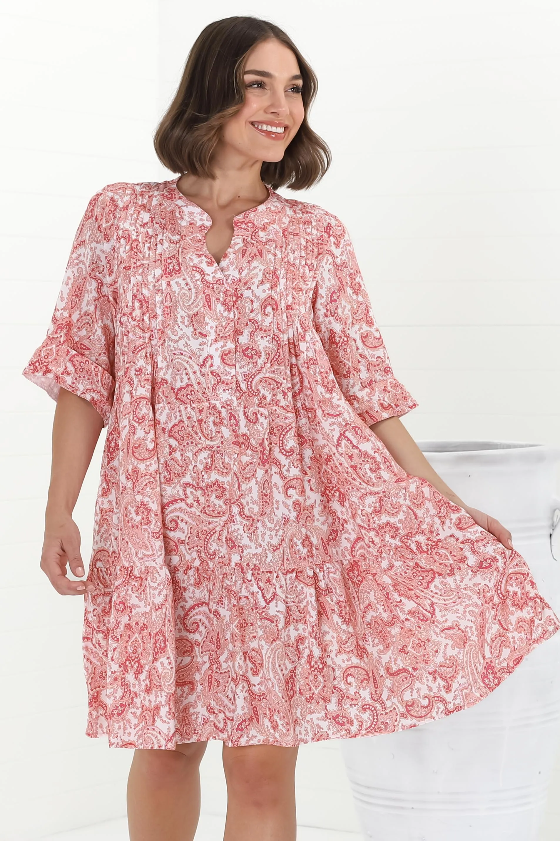 Evie Mini Dress - 3/4 Sleeve Tiered Smock Dress in Henrietta Print Pink sold by Salty Crush product image thumbnail 2