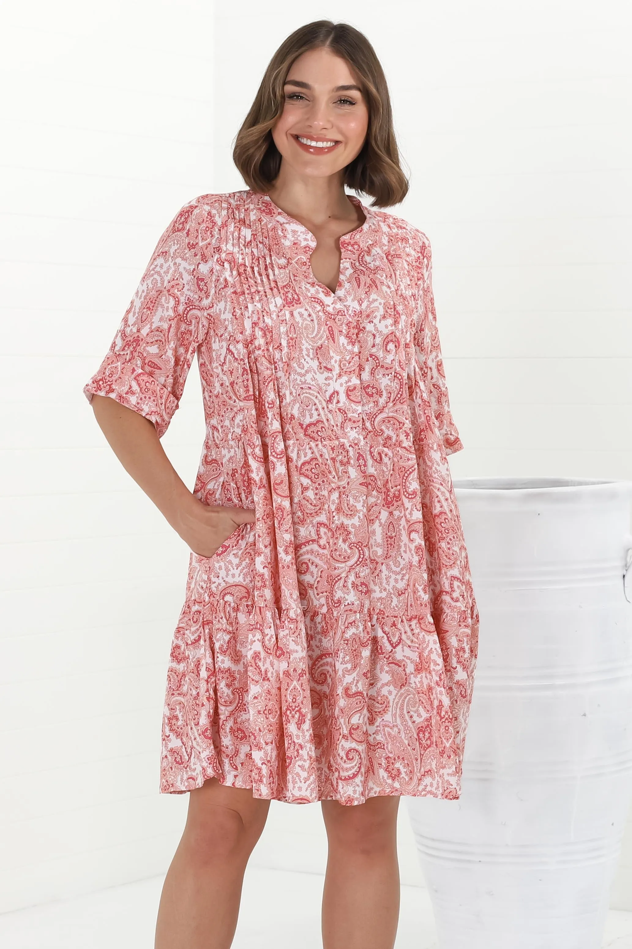 Evie Mini Dress - 3/4 Sleeve Tiered Smock Dress in Henrietta Print Pink sold by Salty Crush product image thumbnail 4