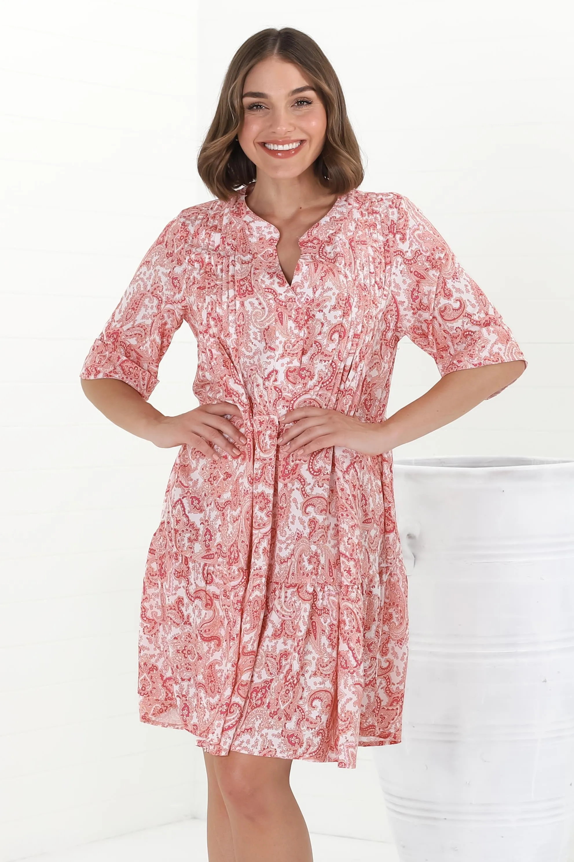 Evie Mini Dress - 3/4 Sleeve Tiered Smock Dress in Henrietta Print Pink sold by Salty Crush product image thumbnail 5