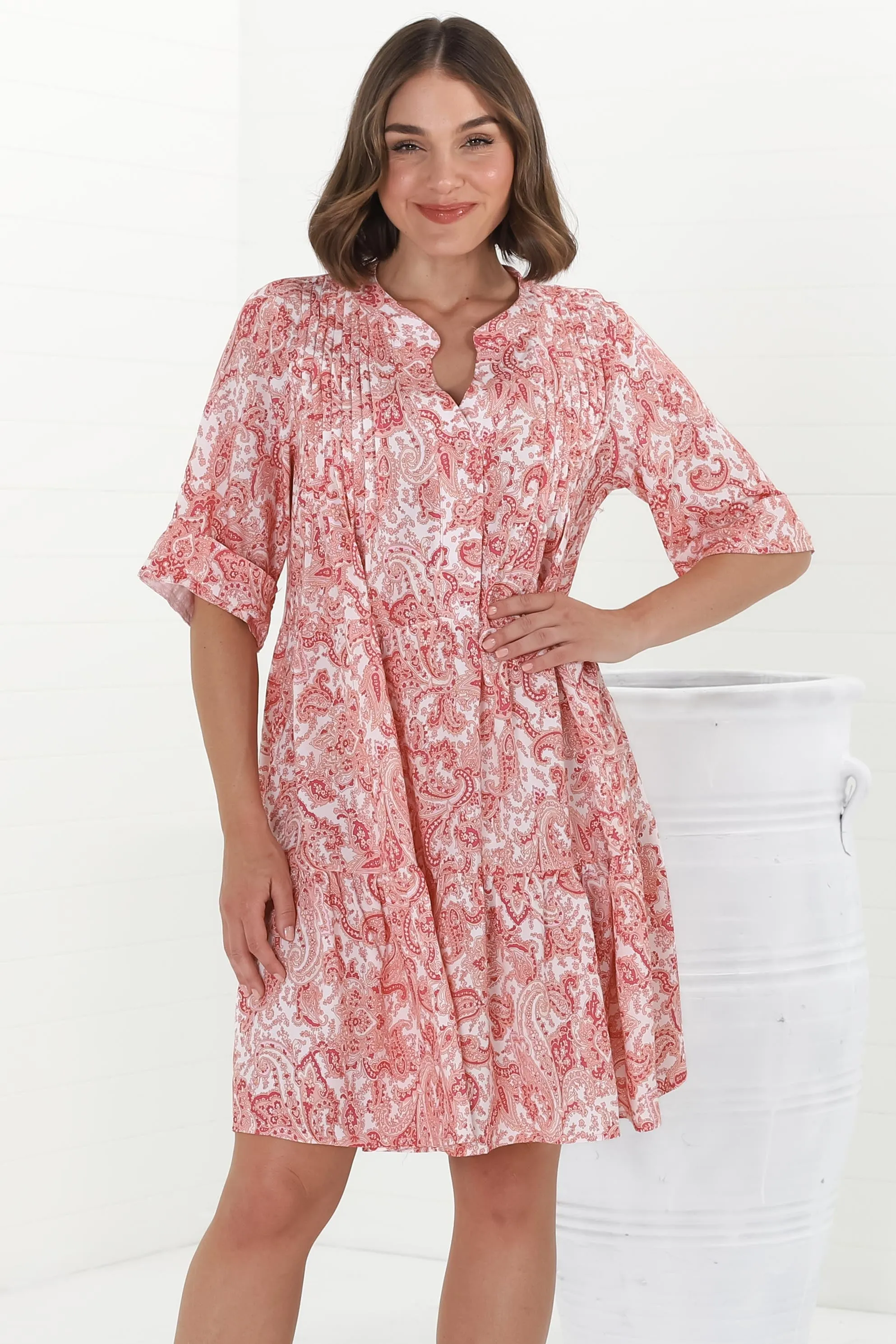 Evie Mini Dress - 3/4 Sleeve Tiered Smock Dress in Henrietta Print Pink sold by Salty Crush