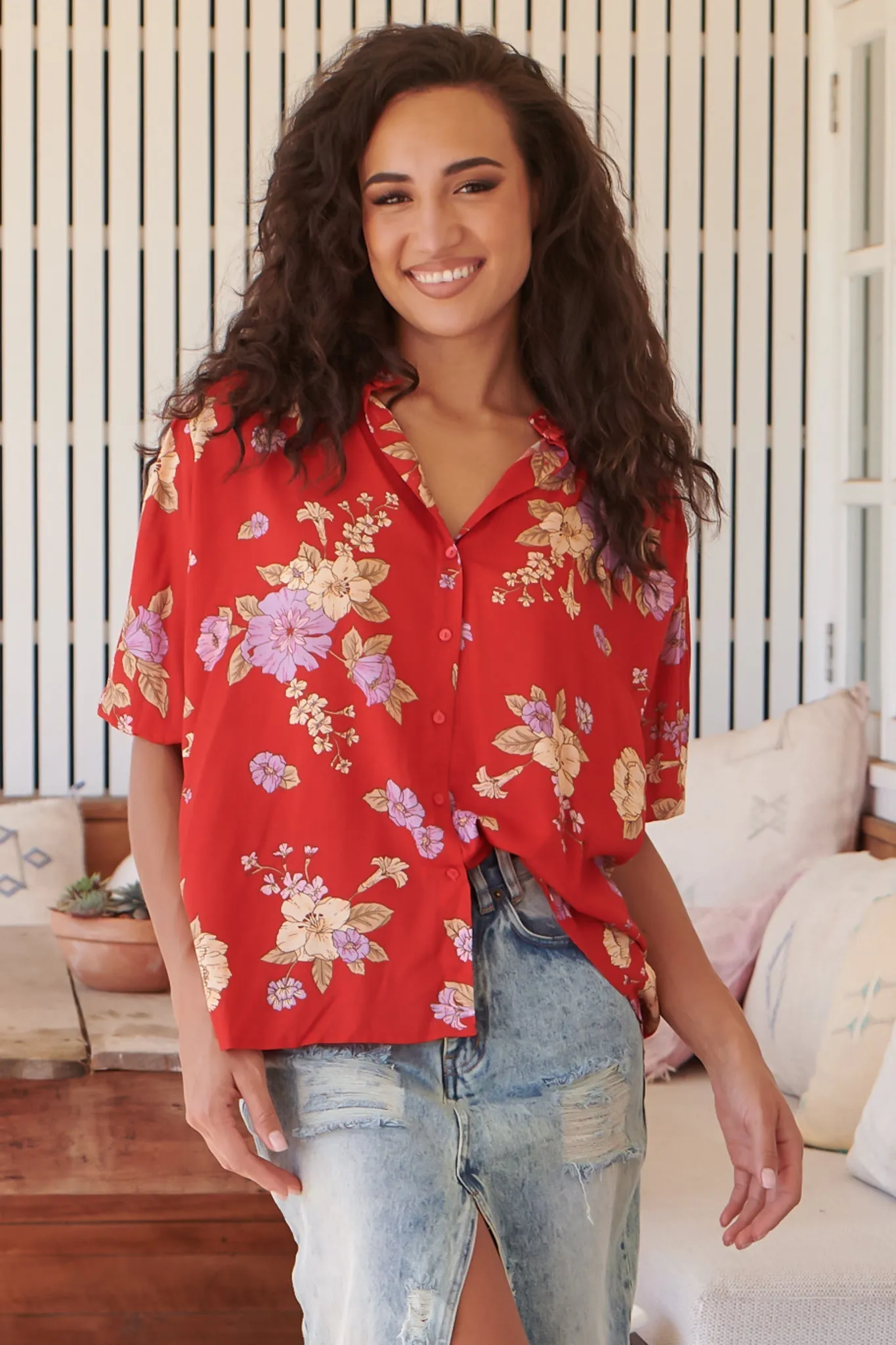 JAASE - Sierra Top: Short Balloon Sleeve Button Down Shirt in Aiko Print sold by Salty Crush product image thumbnail 4