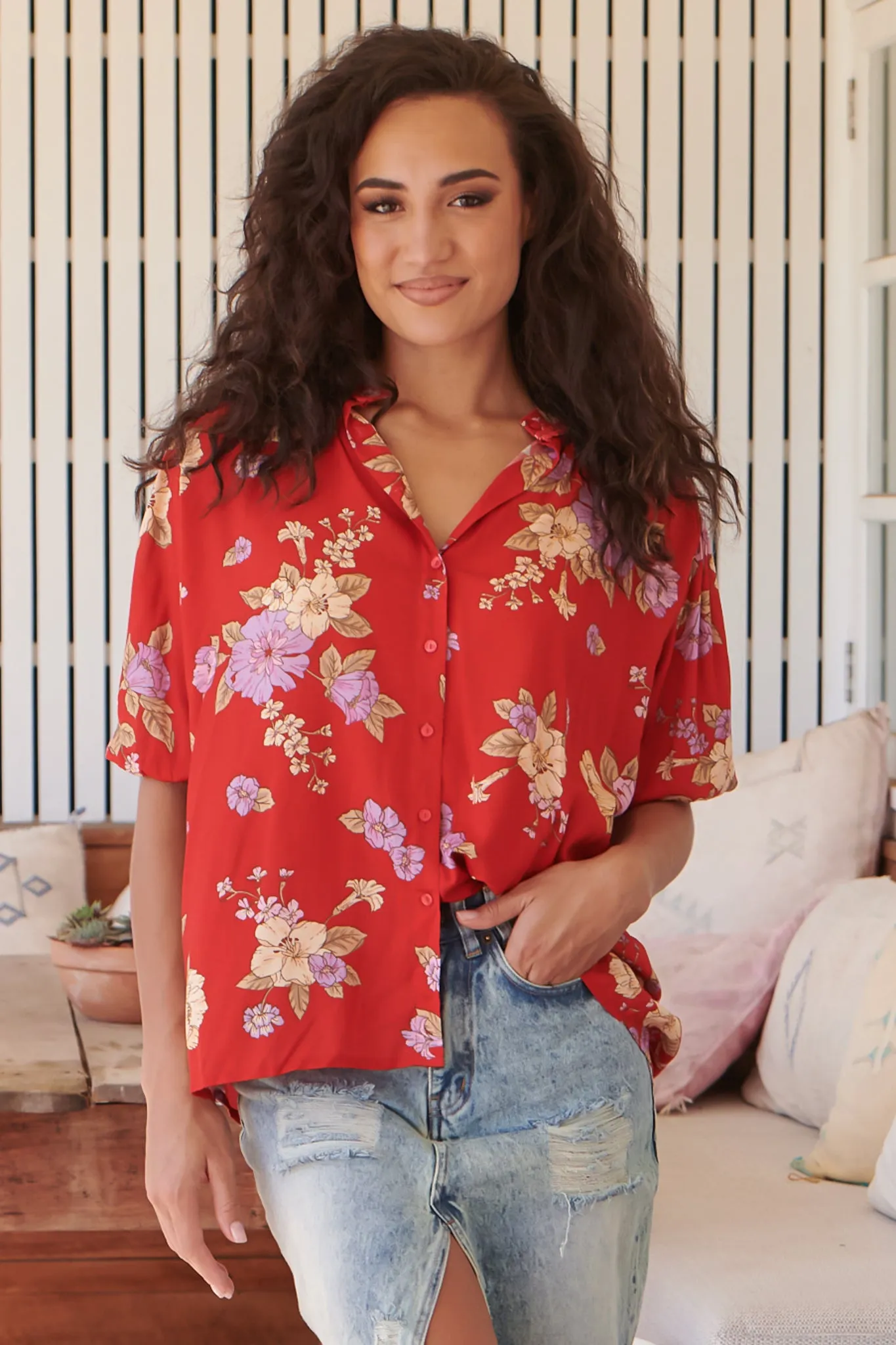 JAASE - Sierra Top: Short Balloon Sleeve Button Down Shirt in Aiko Print sold by Salty Crush