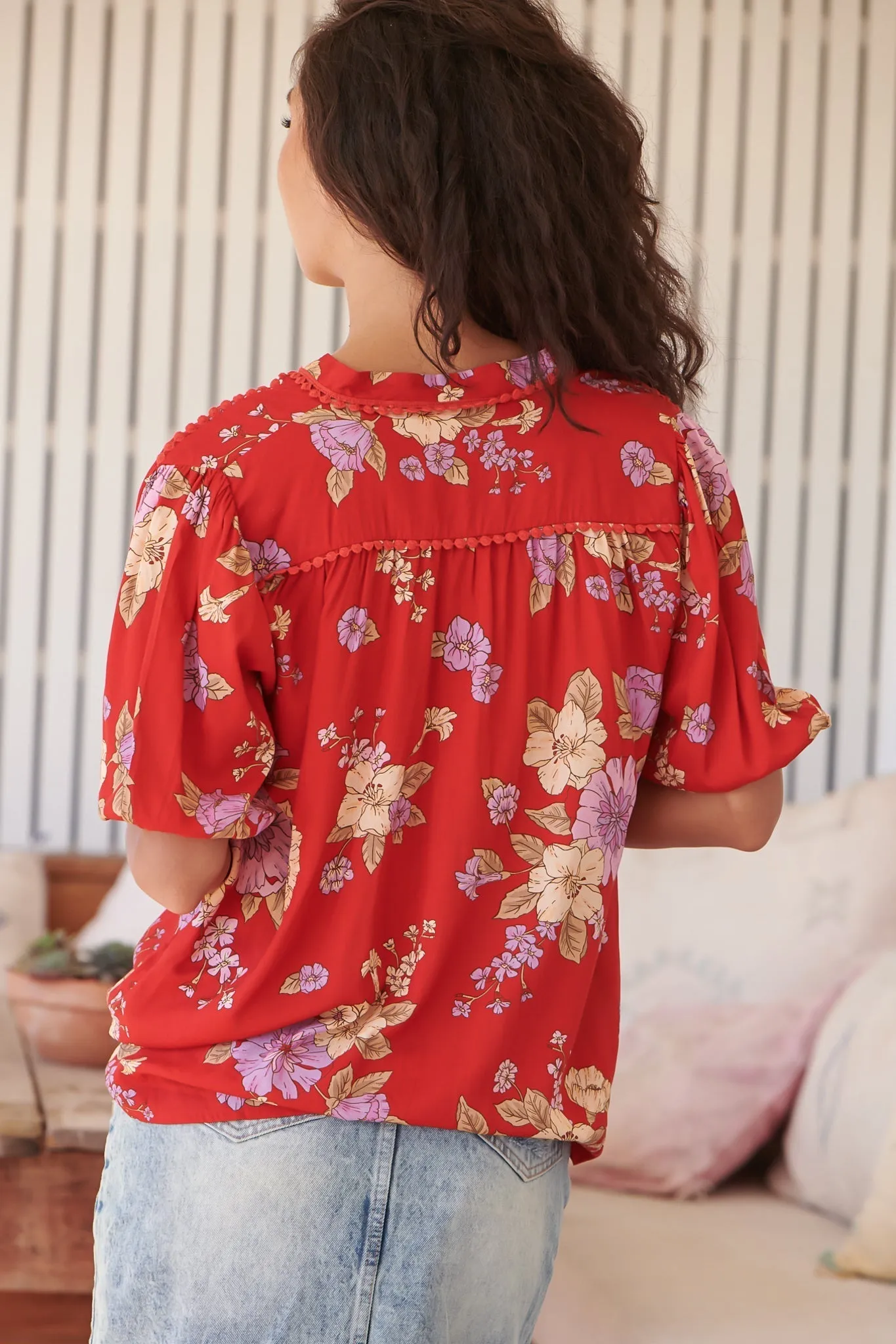 JAASE - Sierra Top: Short Balloon Sleeve Button Down Shirt in Aiko Print sold by Salty Crush product image thumbnail 5