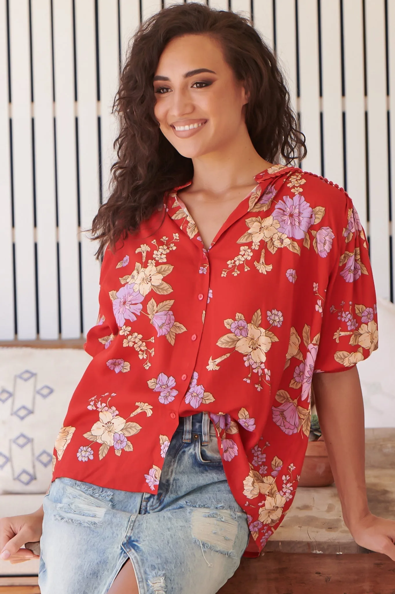 JAASE - Sierra Top: Short Balloon Sleeve Button Down Shirt in Aiko Print sold by Salty Crush product image thumbnail 3