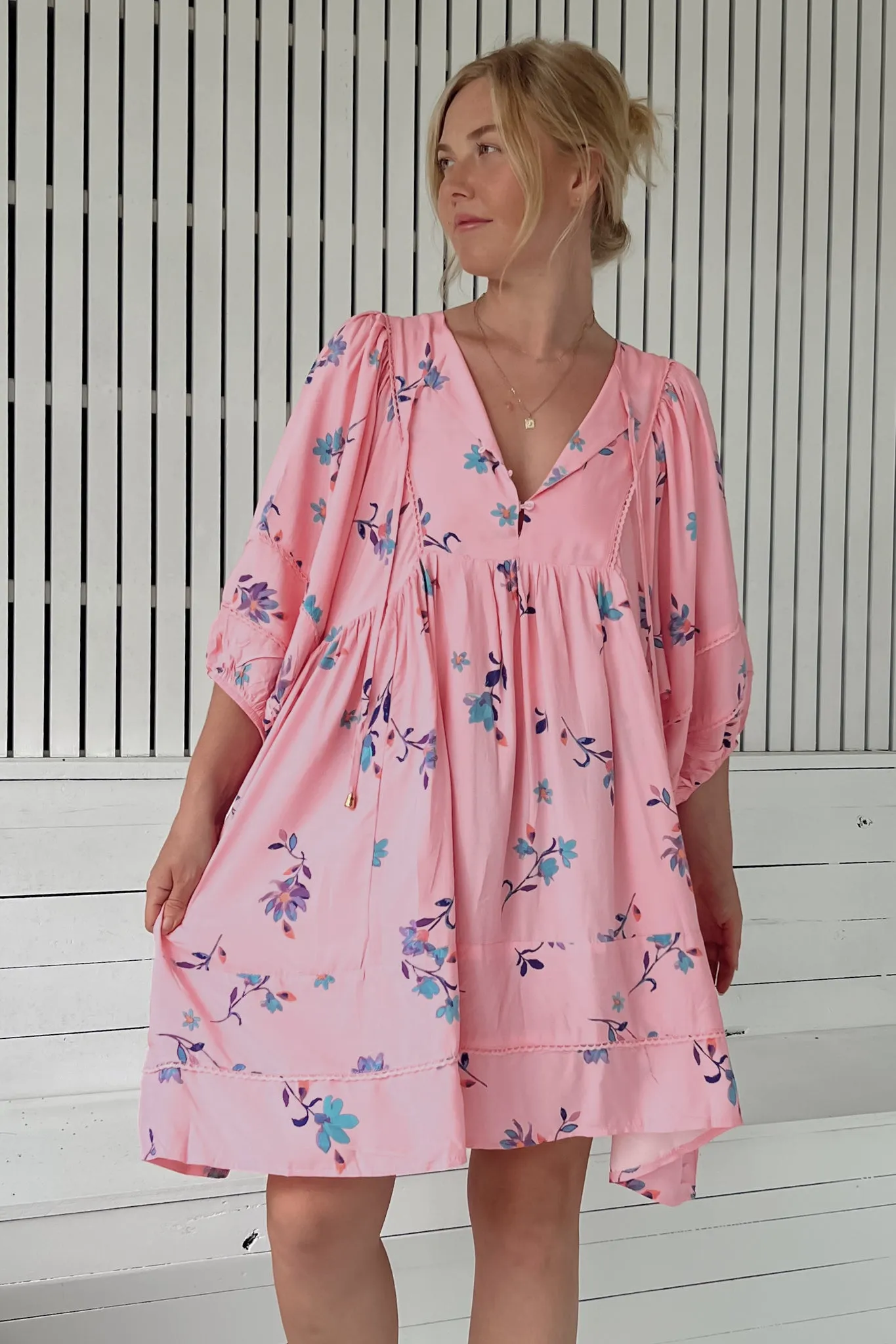 JAASE - Adela Mini Dress: Oversized Smock Dress with Batwing Sleeves in Wild Berry Print sold by Salty Crush product image thumbnail 4