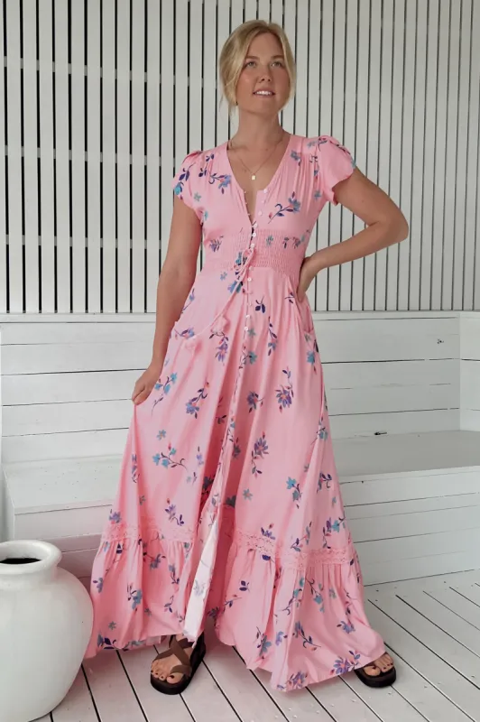 JAASE - Romi Maxi Dress: Button Down Cap Sleeve Dress with Waist Tie in Wild Berry Print sold by Salty Crush