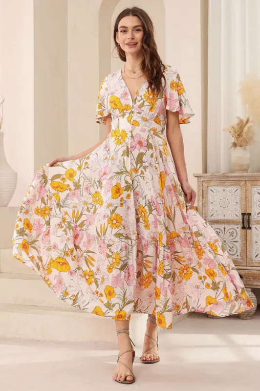 Libby Maxi Dress - Flutter Cap Sleeve Button Waist Detailed A Line Dress in Cyrena Print sold by Salty Crush