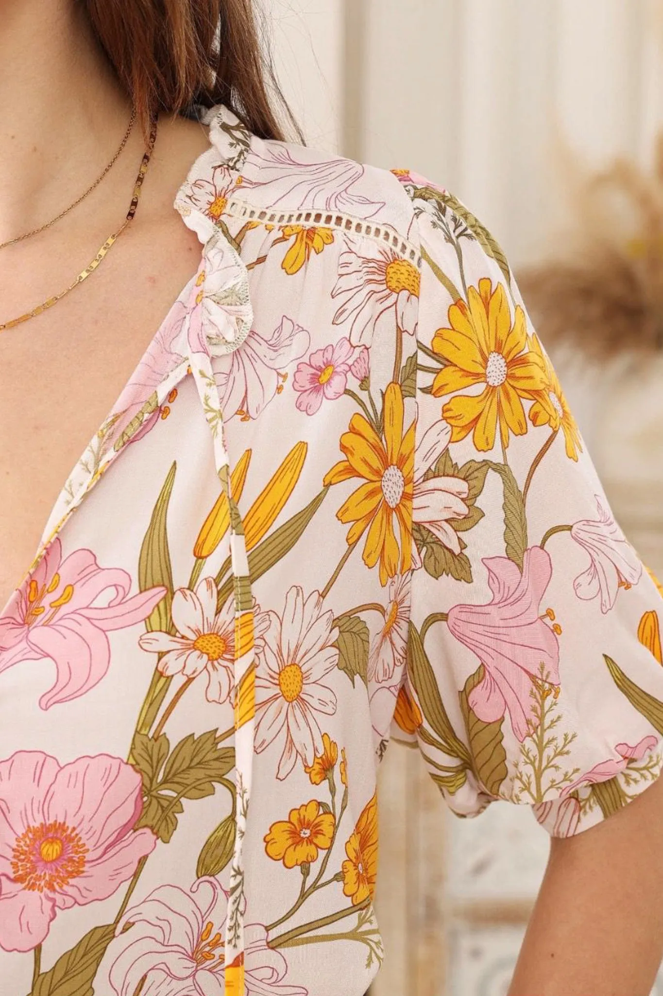 Acacia Blouse - Button Down Short Balloon Sleeve Shirt with Buttoned Cuffs in Cyrena Print sold by Salty Crush product image thumbnail 5