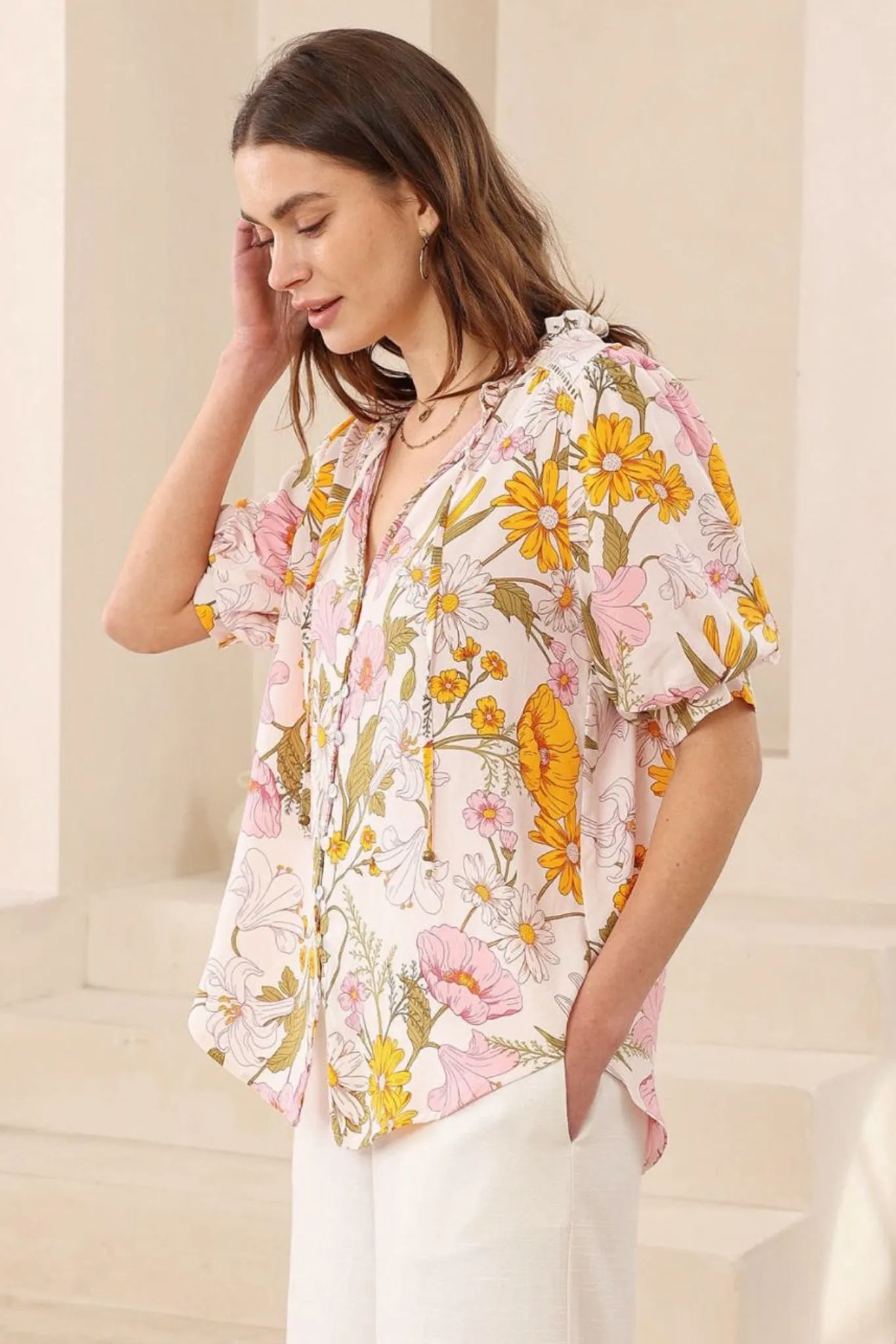Acacia Blouse - Button Down Short Balloon Sleeve Shirt with Buttoned Cuffs in Cyrena Print sold by Salty Crush product image thumbnail 3
