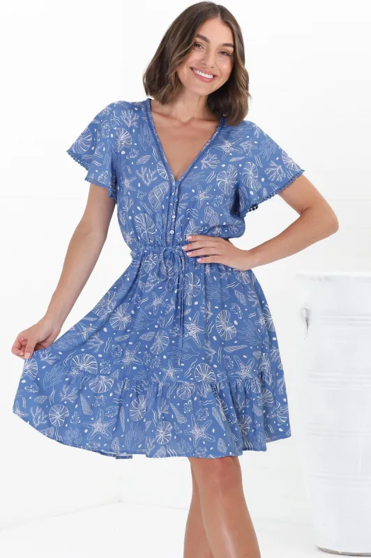 Lorena Mini Dress - V Neck Pull Tie Waist Mini Dress in Cove Print Blue sold by Salty Crush