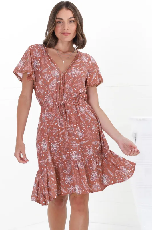 Lorena Mini Dress - V Neck Pull Tie Waist Mini Dress in Cove Print Terracotta sold by Salty Crush