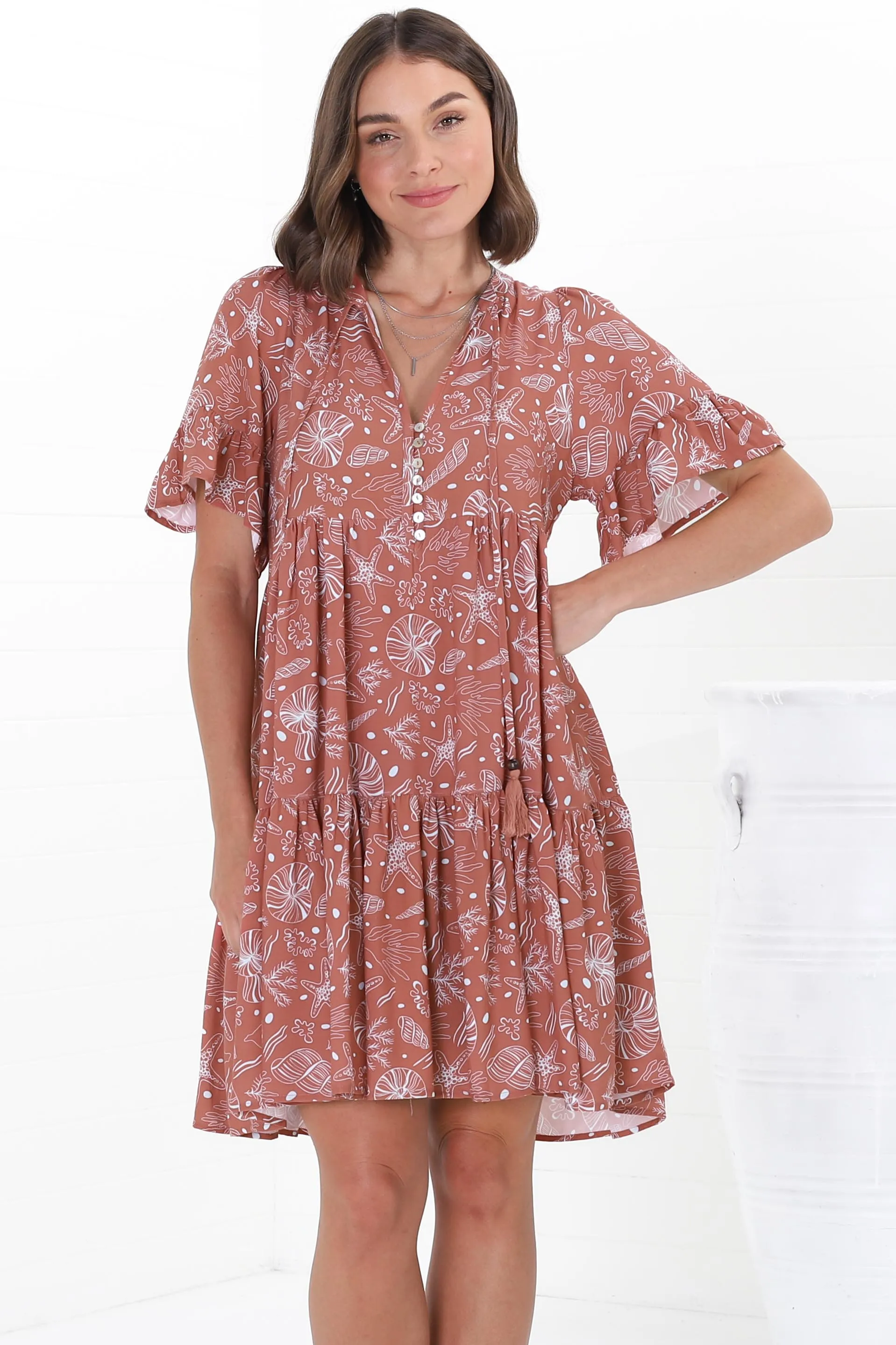 Abilia Mini Dress - Mandarin Collar Smock Dress in Cove Print Terracotta sold by Salty Crush product image thumbnail 3