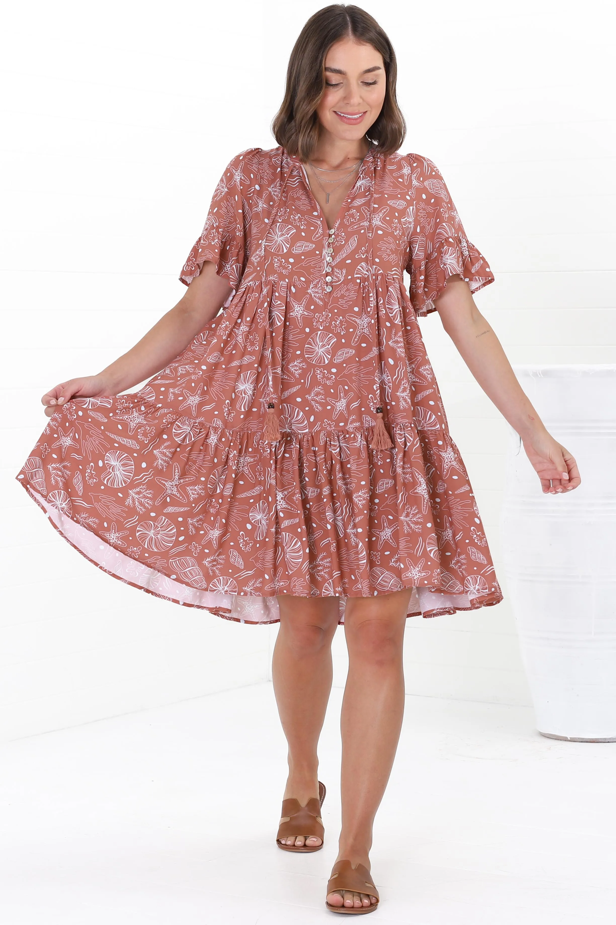Abilia Mini Dress - Mandarin Collar Smock Dress in Cove Print Terracotta sold by Salty Crush product image thumbnail 4
