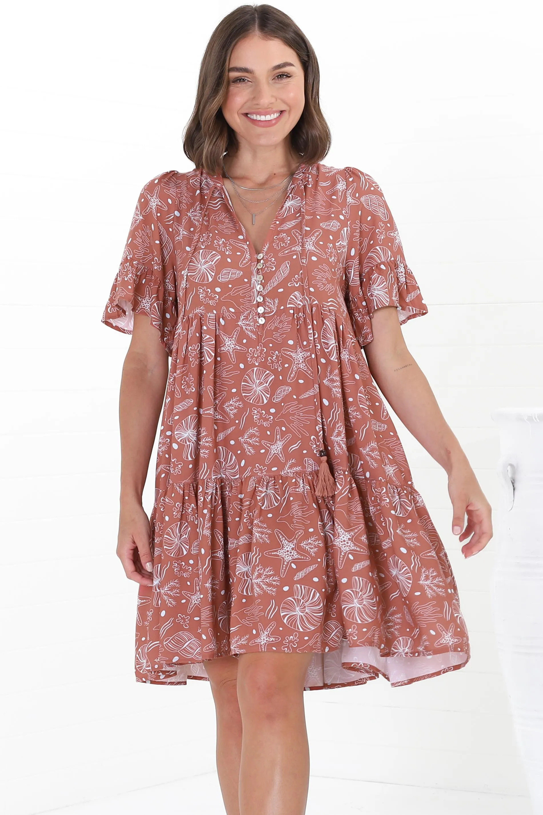 Abilia Mini Dress - Mandarin Collar Smock Dress in Cove Print Terracotta sold by Salty Crush product image thumbnail 5