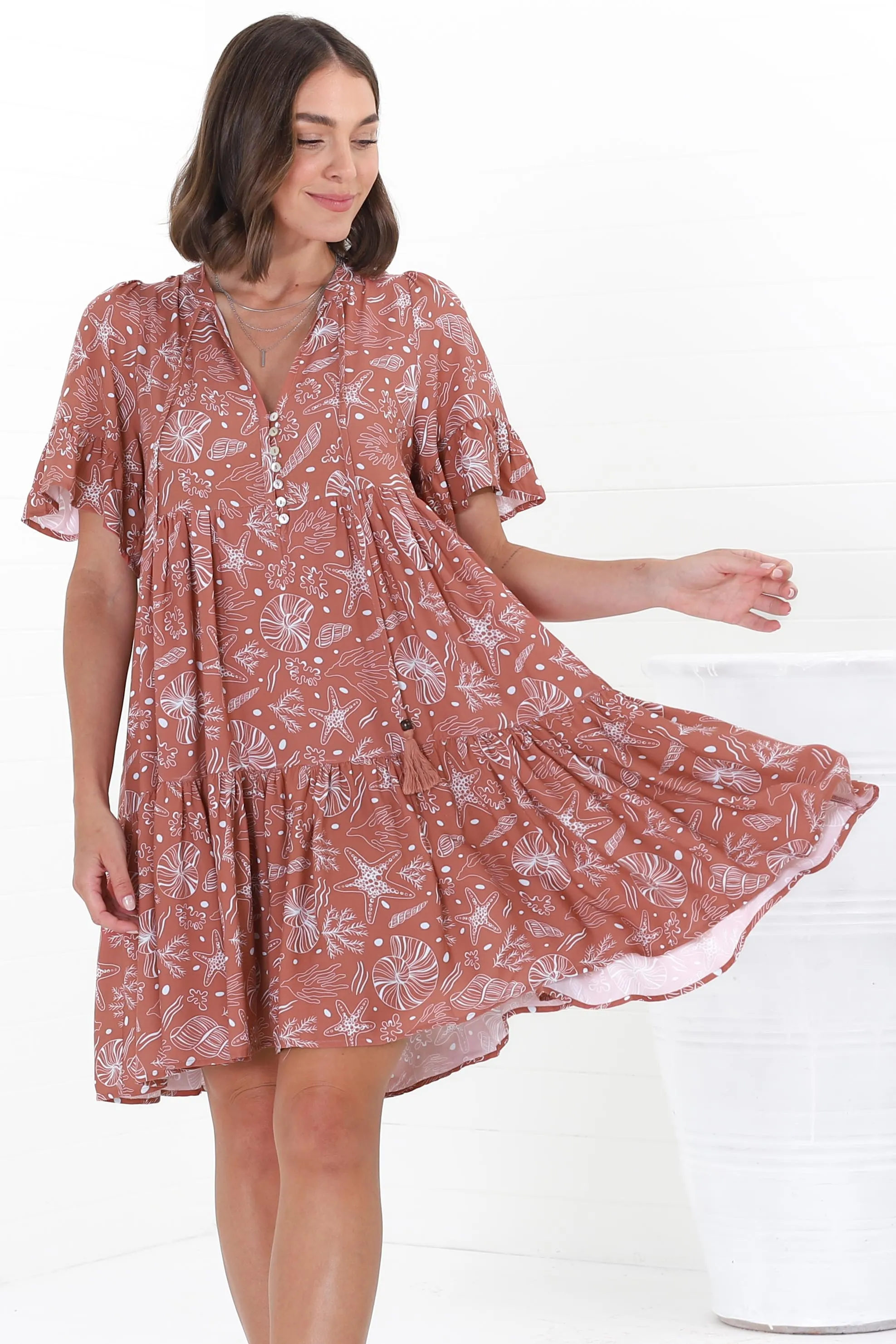 Abilia Mini Dress - Mandarin Collar Smock Dress in Cove Print Terracotta sold by Salty Crush