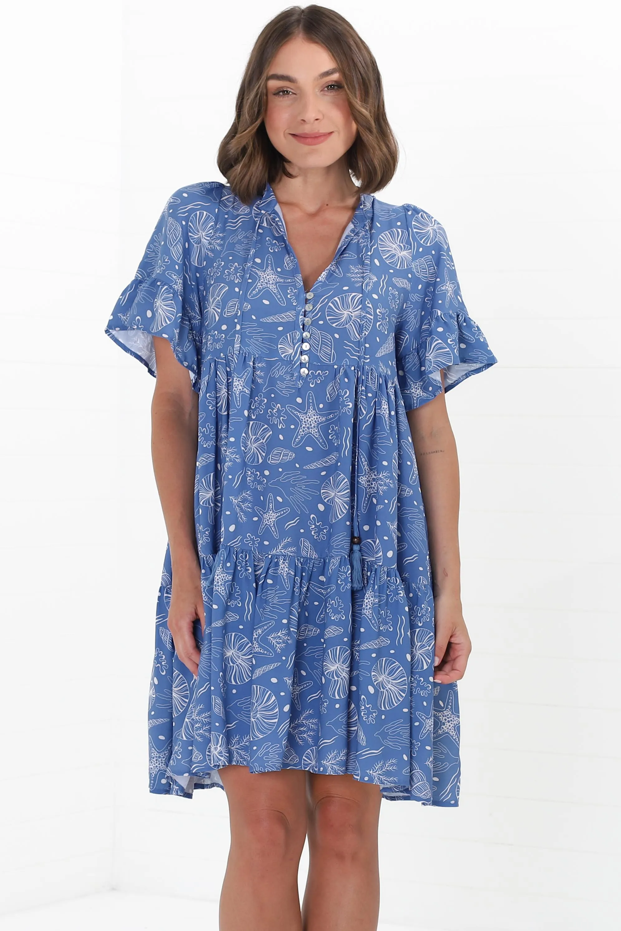 Abilia Mini Dress - Mandarin Collar Smock Dress in Cove Print Blue sold by Salty Crush product image thumbnail 3