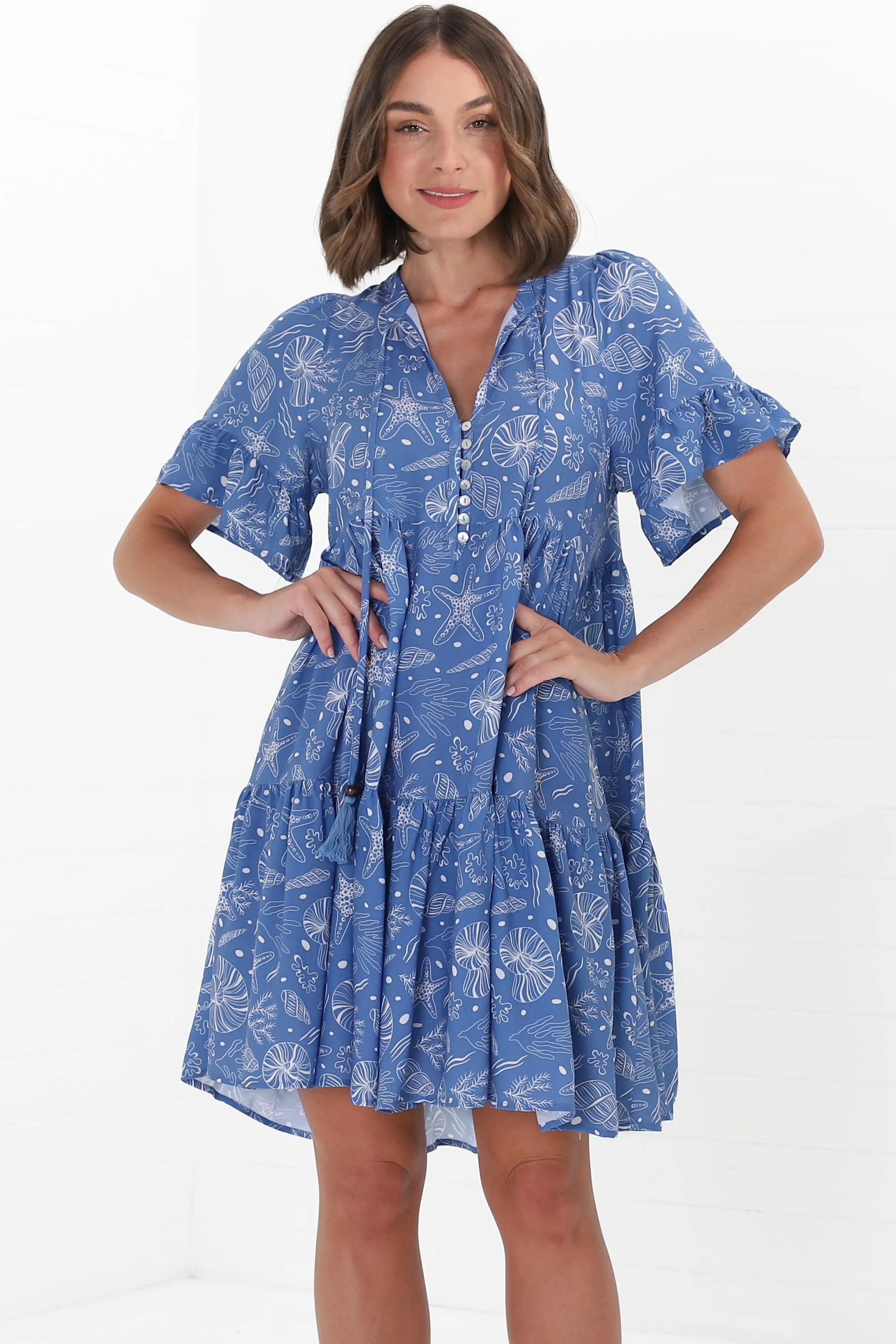 Abilia Mini Dress - Mandarin Collar Smock Dress in Cove Print Blue sold by Salty Crush product image thumbnail 4
