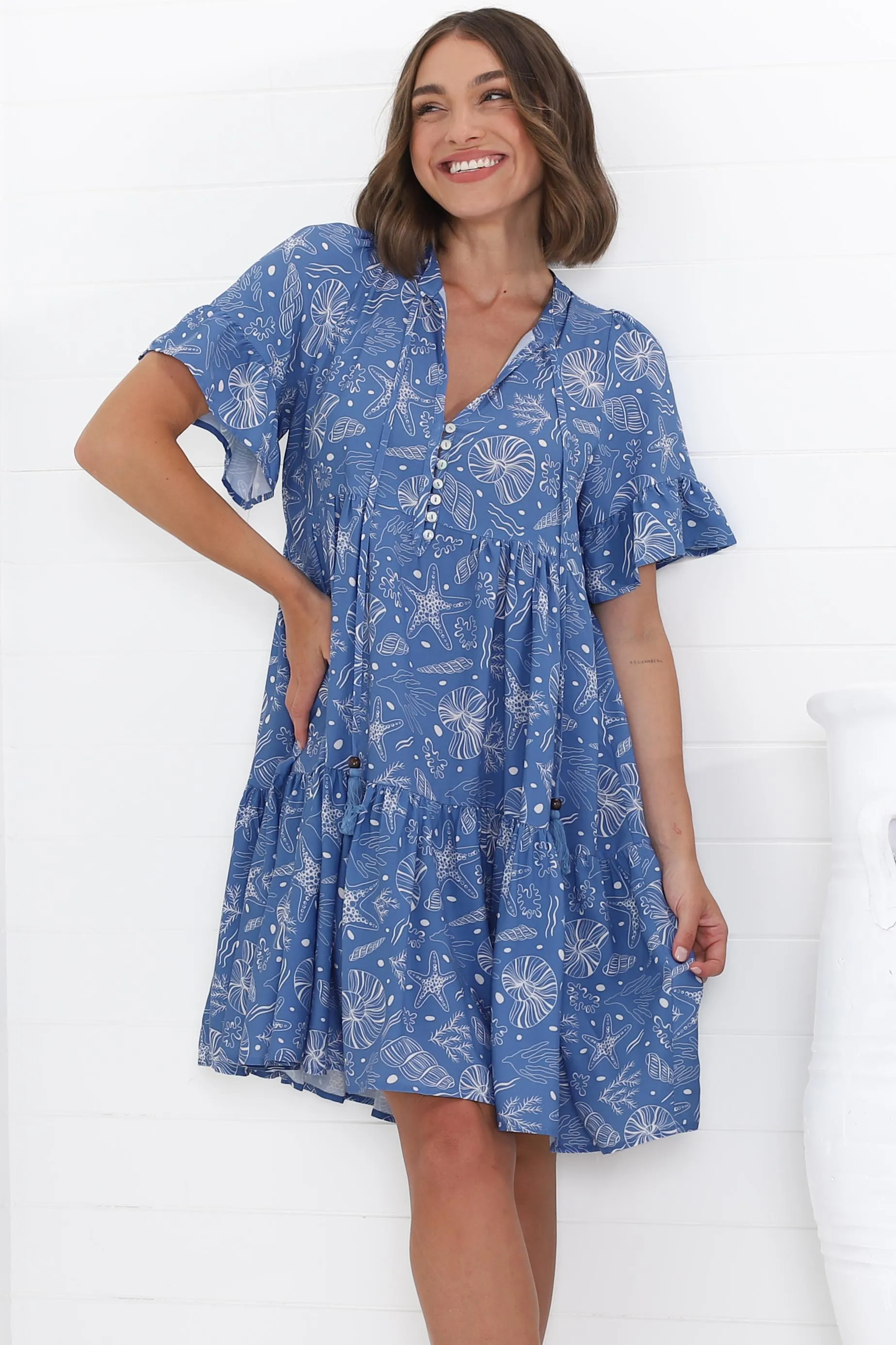 Abilia Mini Dress - Mandarin Collar Smock Dress in Cove Print Blue sold by Salty Crush product image thumbnail 2