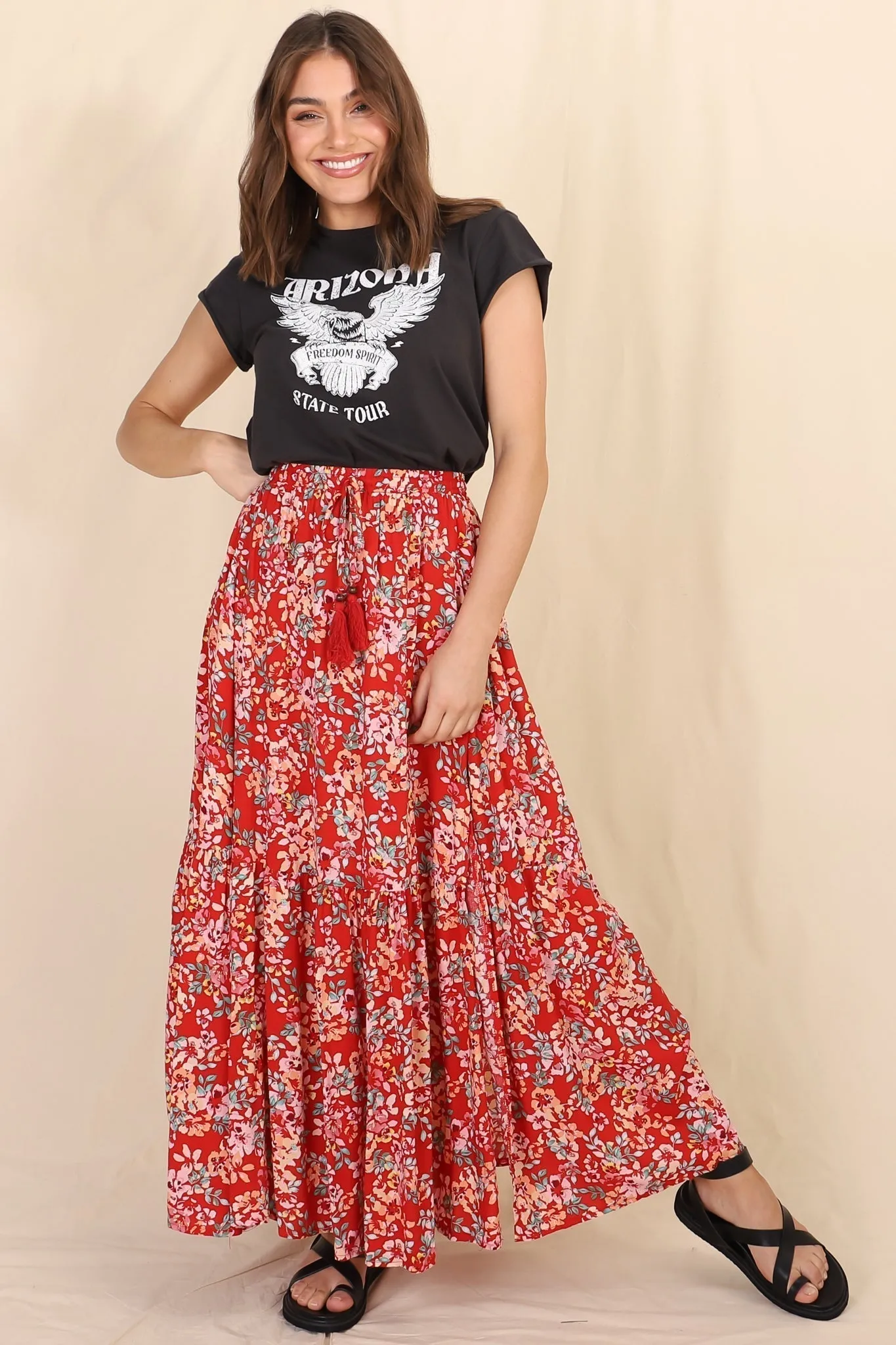 Hellen Maxi Skirt - High Waisted Skirt with Front Splits in Florentina Print Red sold by Salty Crush