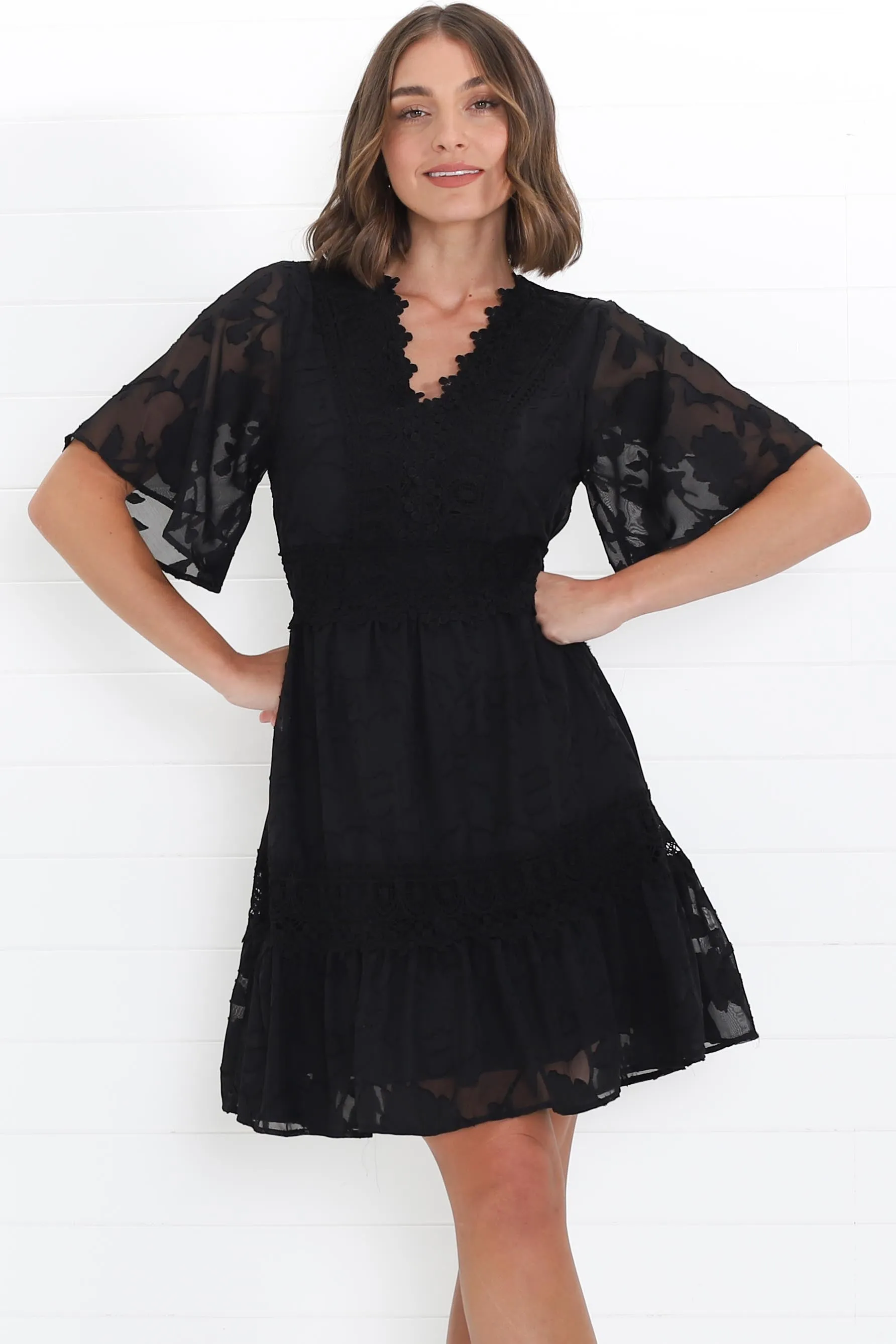 Madeline Mini Dress - Lace Trim Embroidered A Line Dress in Black sold by Salty Crush