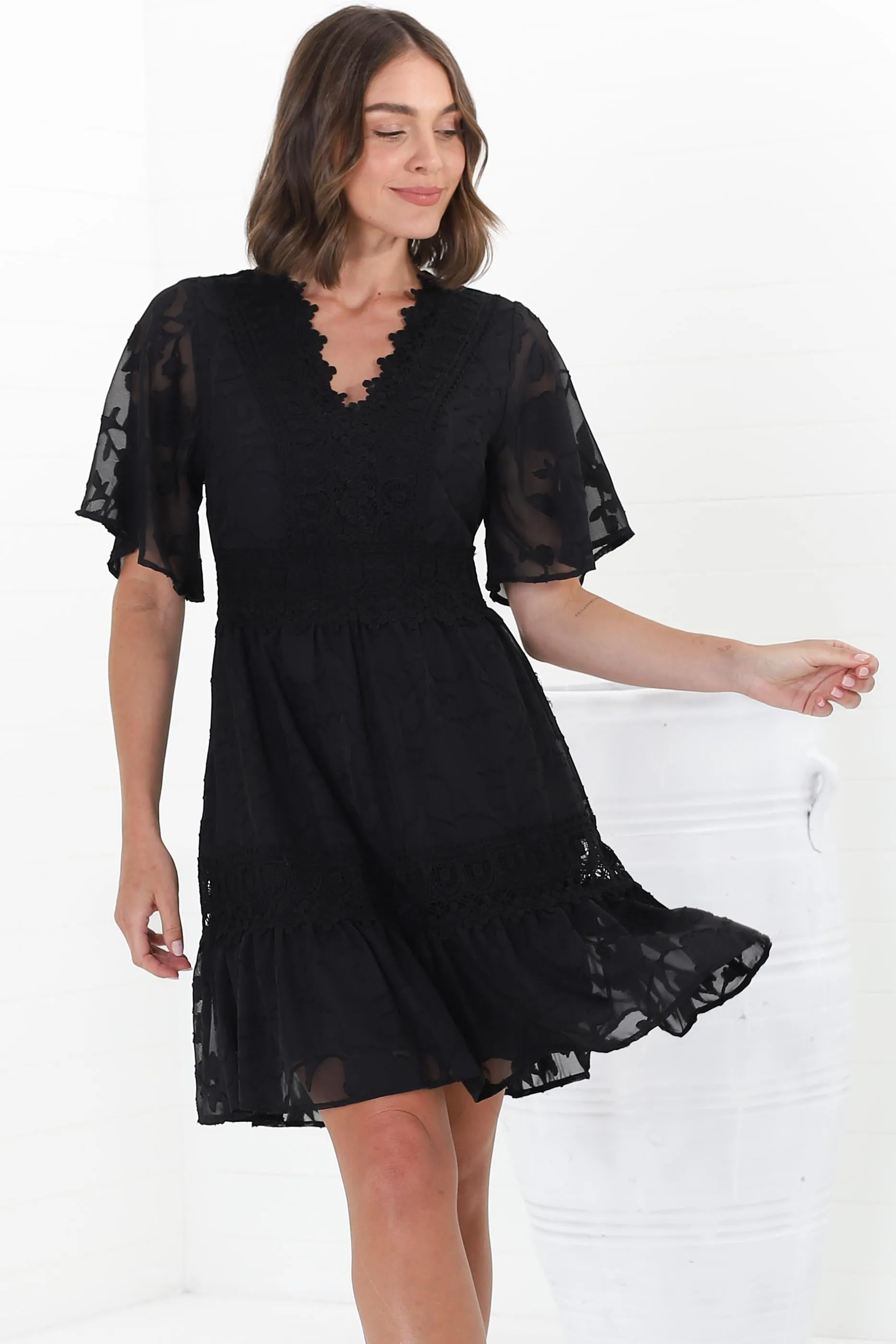 Madeline Mini Dress - Lace Trim Embroidered A Line Dress in Black sold by Salty Crush product image thumbnail 2