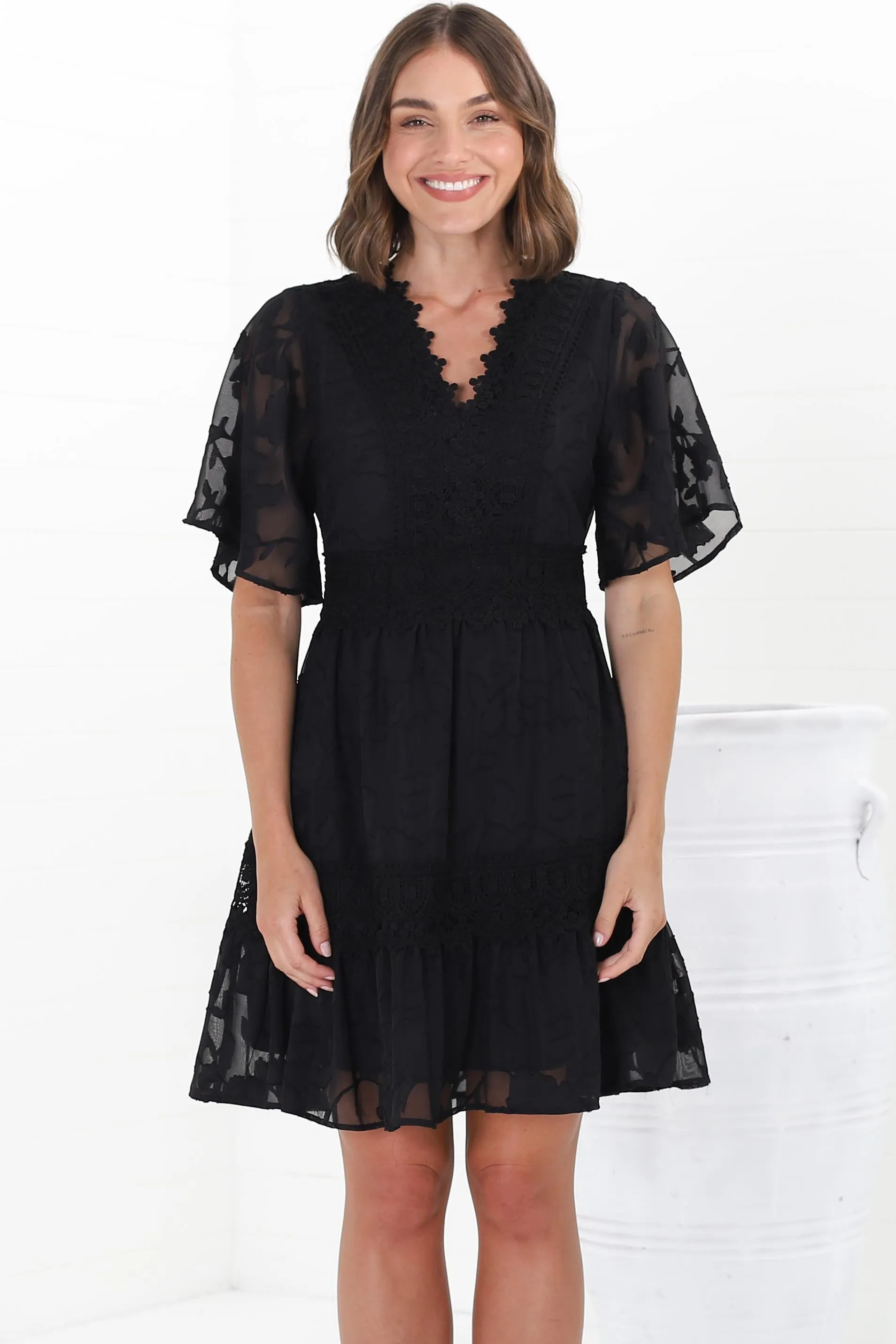 Madeline Mini Dress - Lace Trim Embroidered A Line Dress in Black sold by Salty Crush product image thumbnail 4