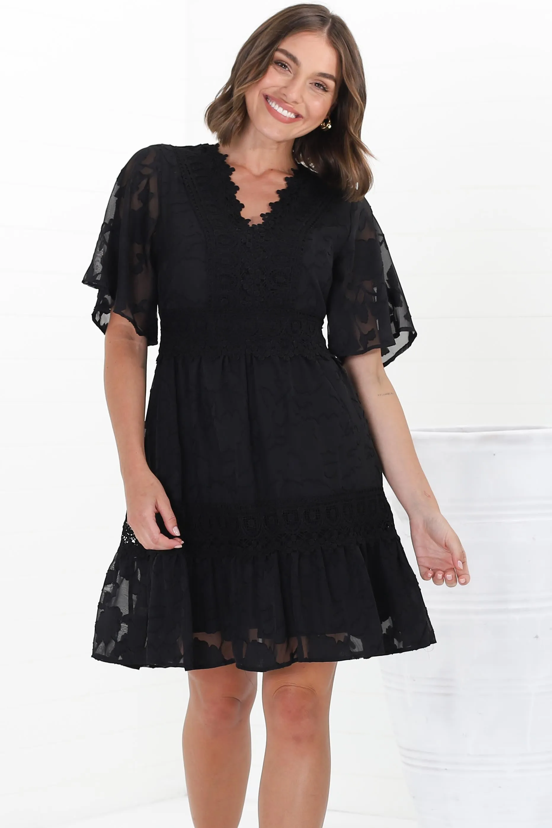 Madeline Mini Dress - Lace Trim Embroidered A Line Dress in Black sold by Salty Crush product image thumbnail 5
