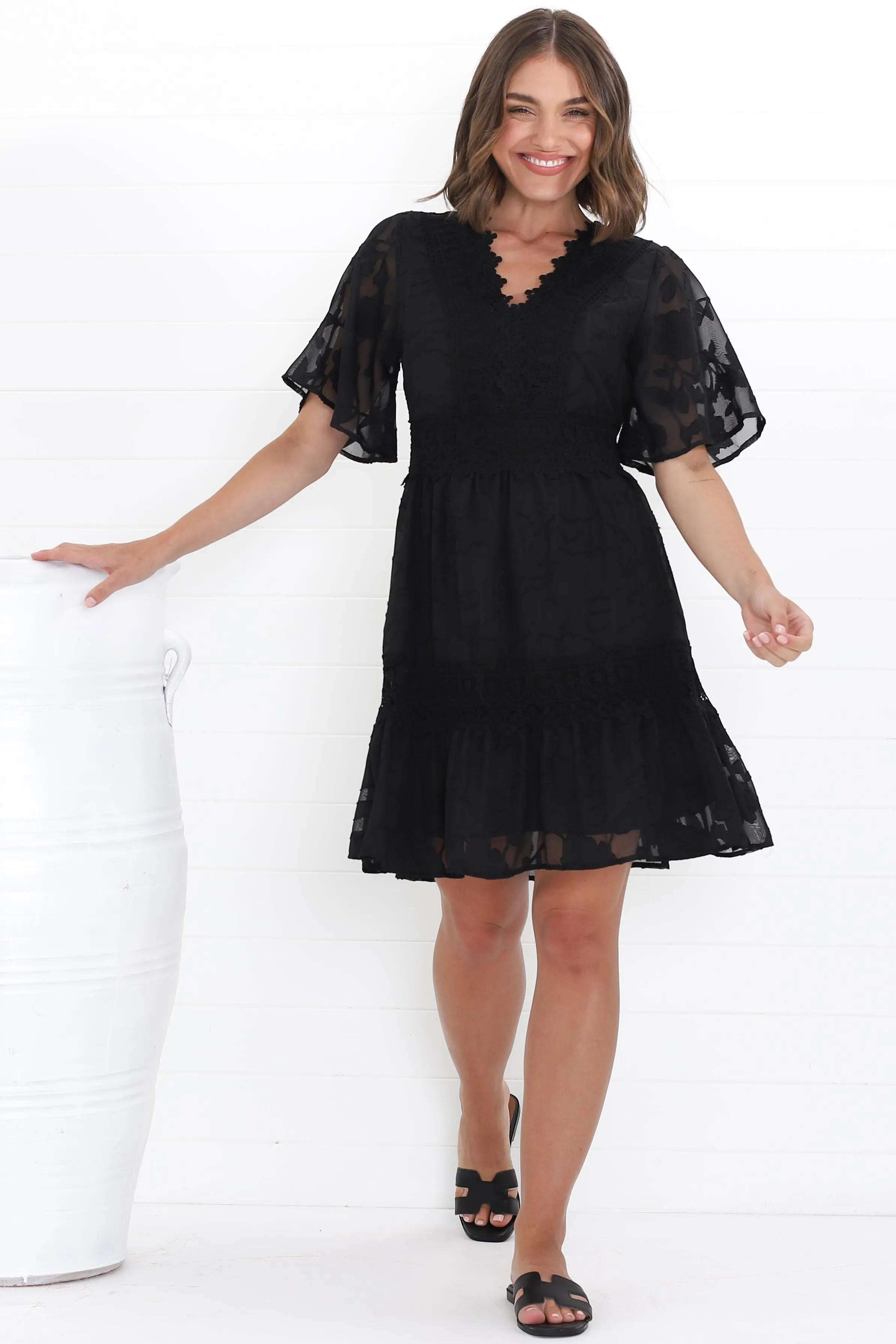 Madeline Mini Dress - Lace Trim Embroidered A Line Dress in Black sold by Salty Crush product image thumbnail 3
