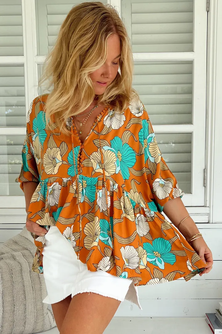 JAASE - Chloe Top: Very Oversized Crochet Trim Neckline Smock Top in Aqua Fields Print sold by Salty Crush product image thumbnail 5