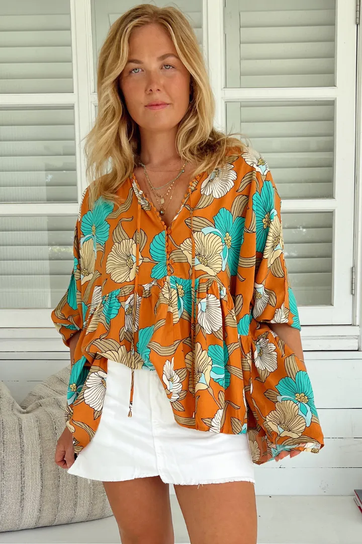 JAASE - Chloe Top: Very Oversized Crochet Trim Neckline Smock Top in Aqua Fields Print sold by Salty Crush product image thumbnail 3