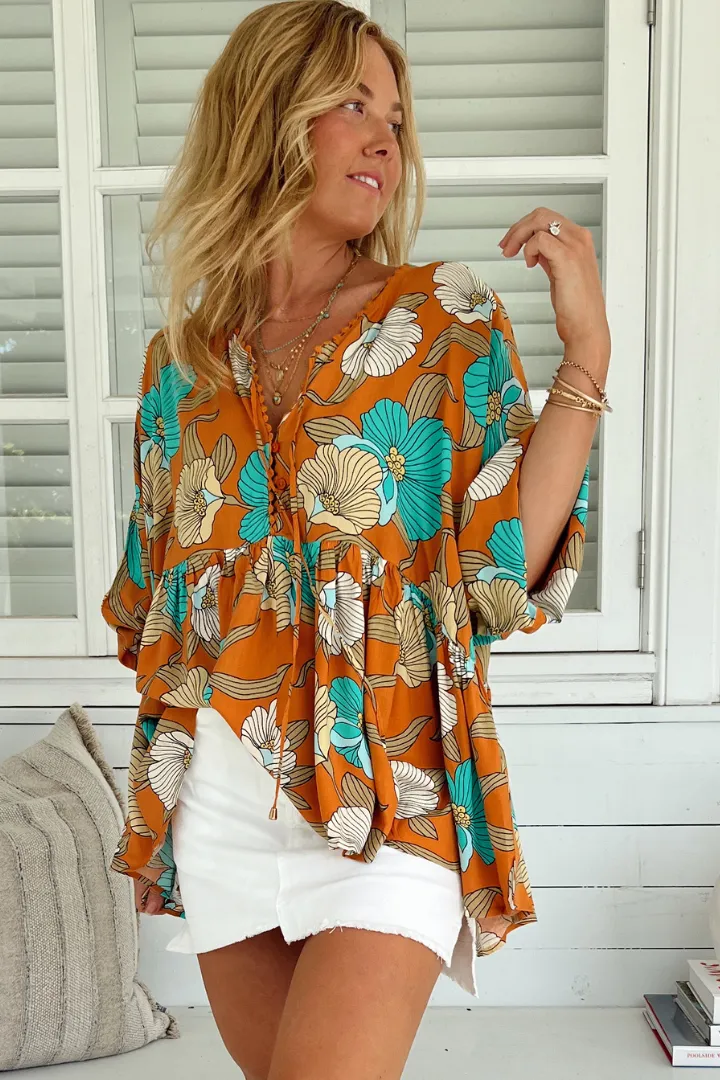 JAASE - Chloe Top: Very Oversized Crochet Trim Neckline Smock Top in Aqua Fields Print sold by Salty Crush product image thumbnail 4