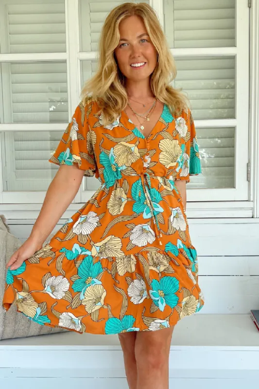 JAASE - Tess Mini Dress: Cap Sleeve Dress with Waist Tie in Aqua Fields Print sold by Salty Crush