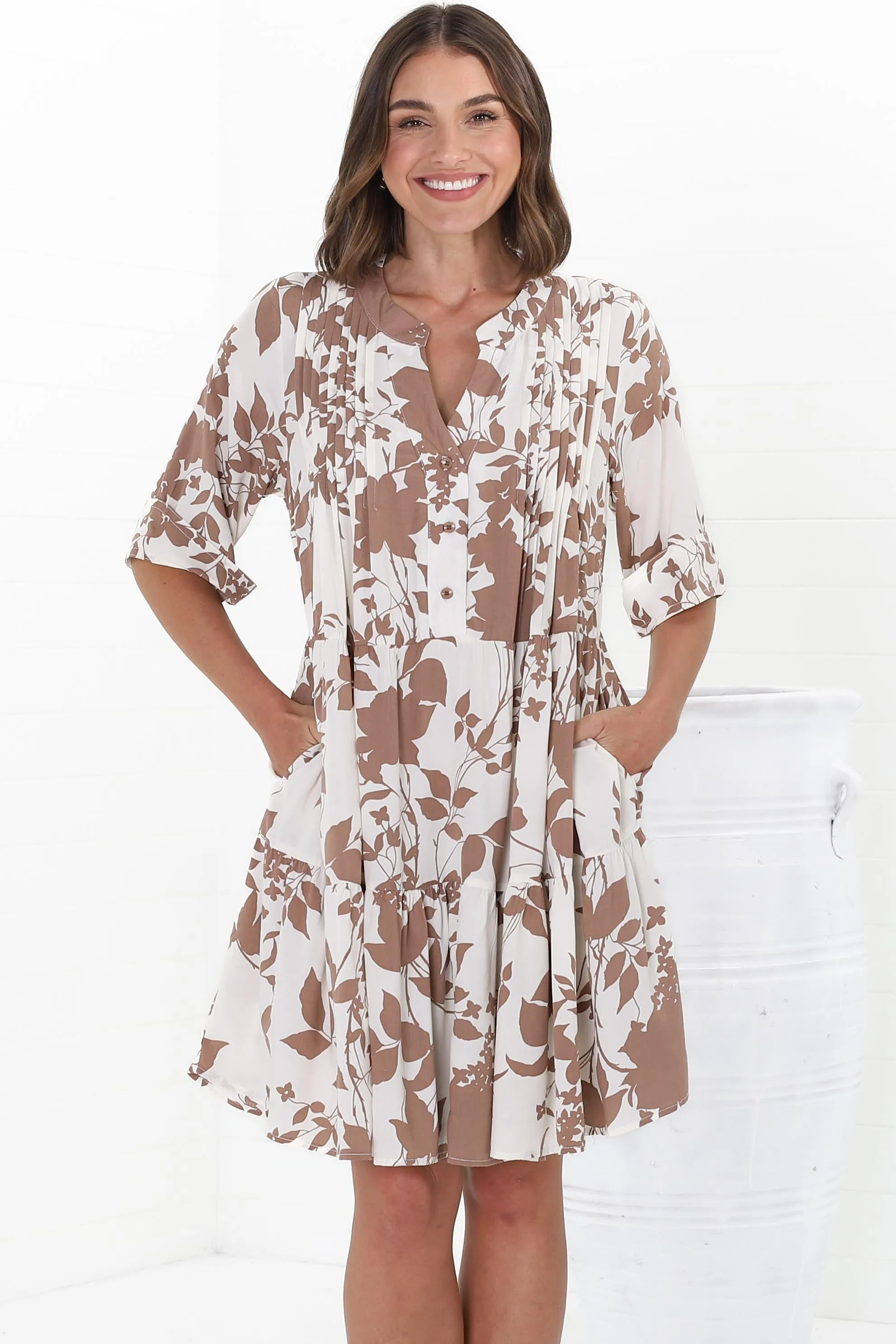 Evie Mini Dress - 3/4 Sleeve Tiered Smock Dress in Kacia Print Brown sold by Salty Crush product image thumbnail 2