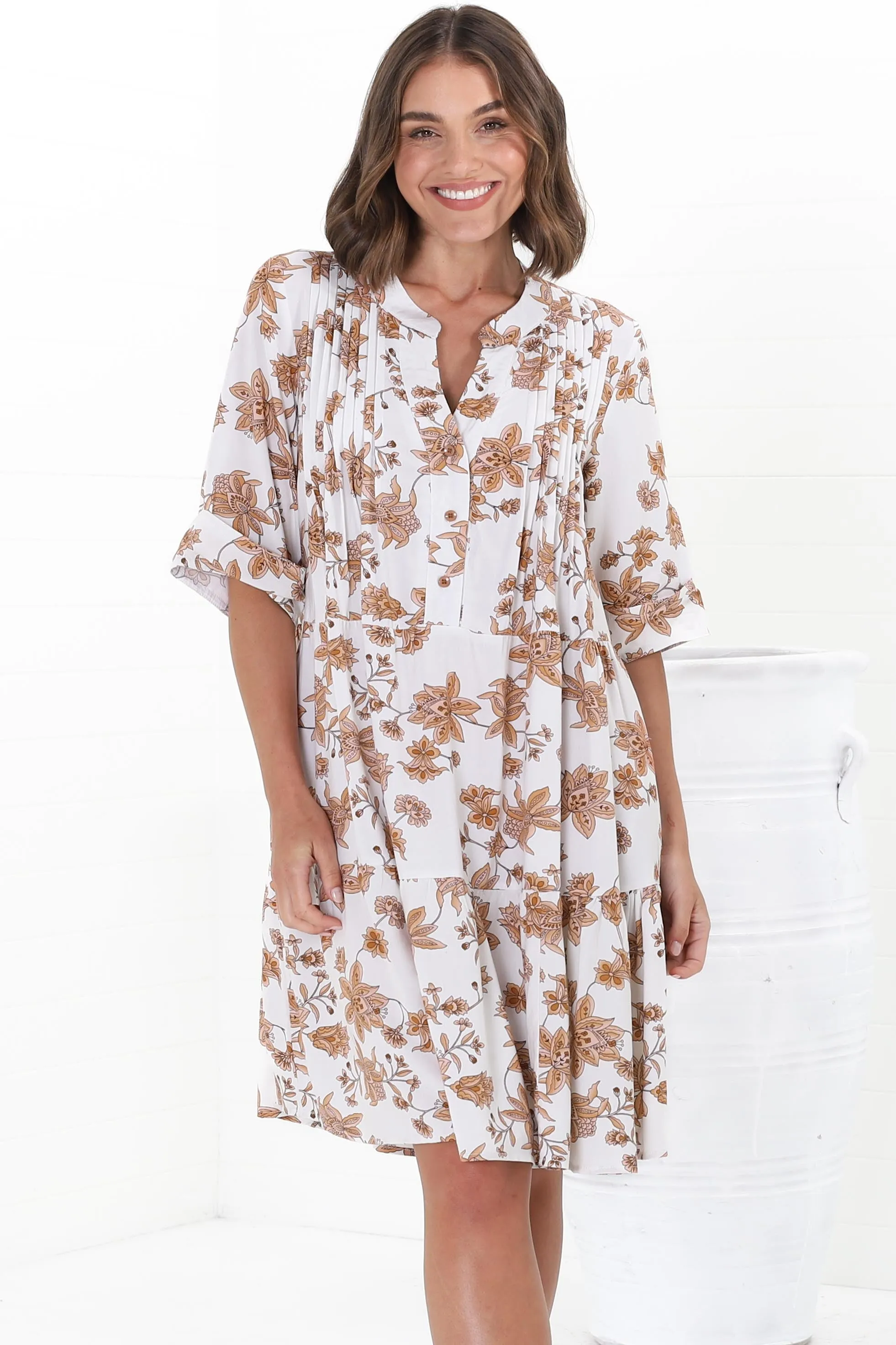 Evie Mini Dress - 3/4 Sleeve Tiered Smock Dress in Halara Print Cream sold by Salty Crush product image thumbnail 5