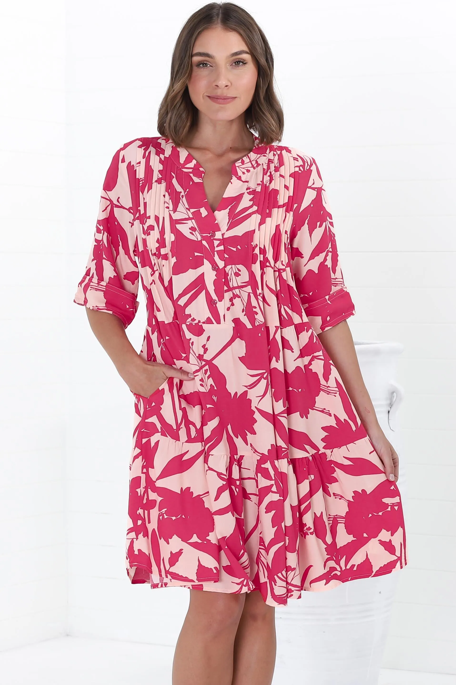 Evie Mini Dress - 3/4 Sleeve Tiered Smock Dress in Patty Print Pink sold by Salty Crush product image thumbnail 3