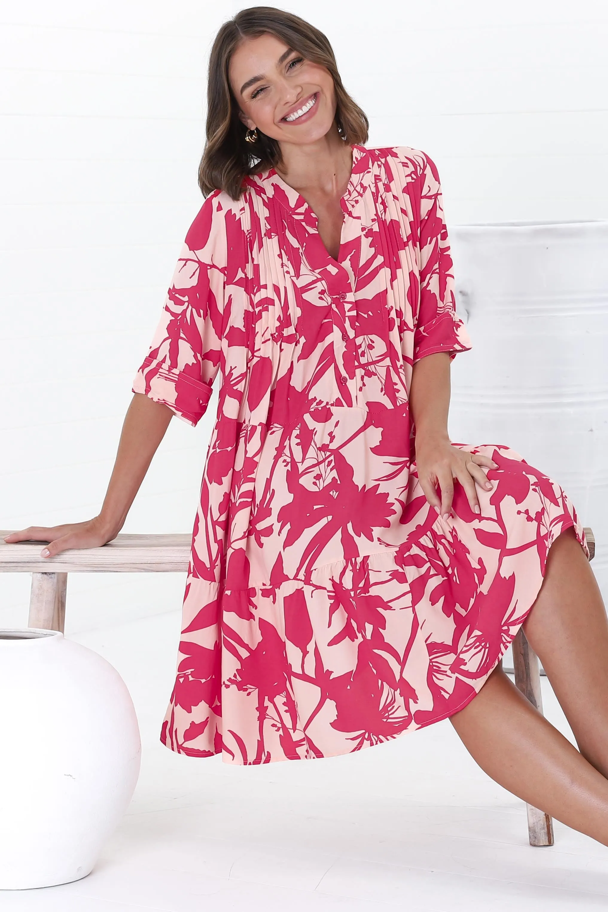 Evie Mini Dress - 3/4 Sleeve Tiered Smock Dress in Patty Print Pink sold by Salty Crush product image thumbnail 2