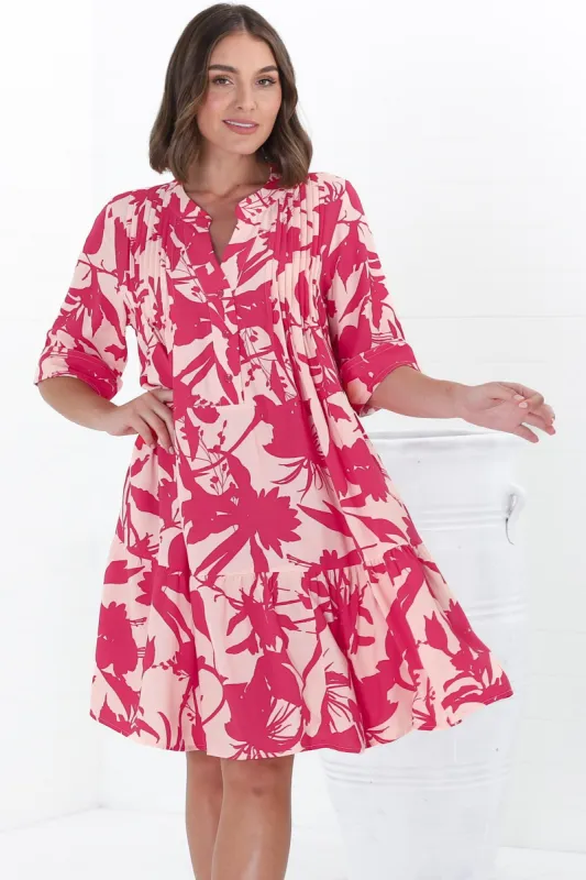 Evie Mini Dress - 3/4 Sleeve Tiered Smock Dress in Patty Print Pink sold by Salty Crush