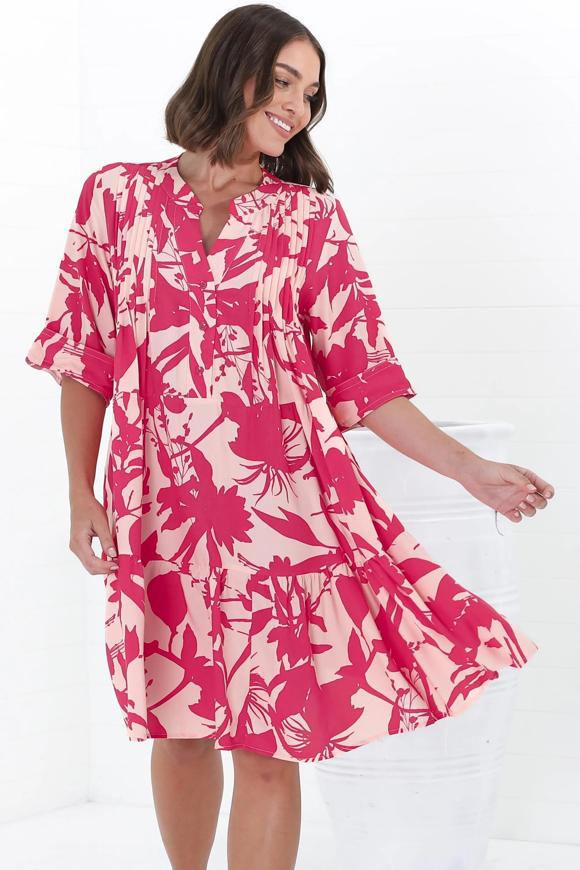 Evie Mini Dress - 3/4 Sleeve Tiered Smock Dress in Patty Print Pink sold by Salty Crush product image thumbnail 4