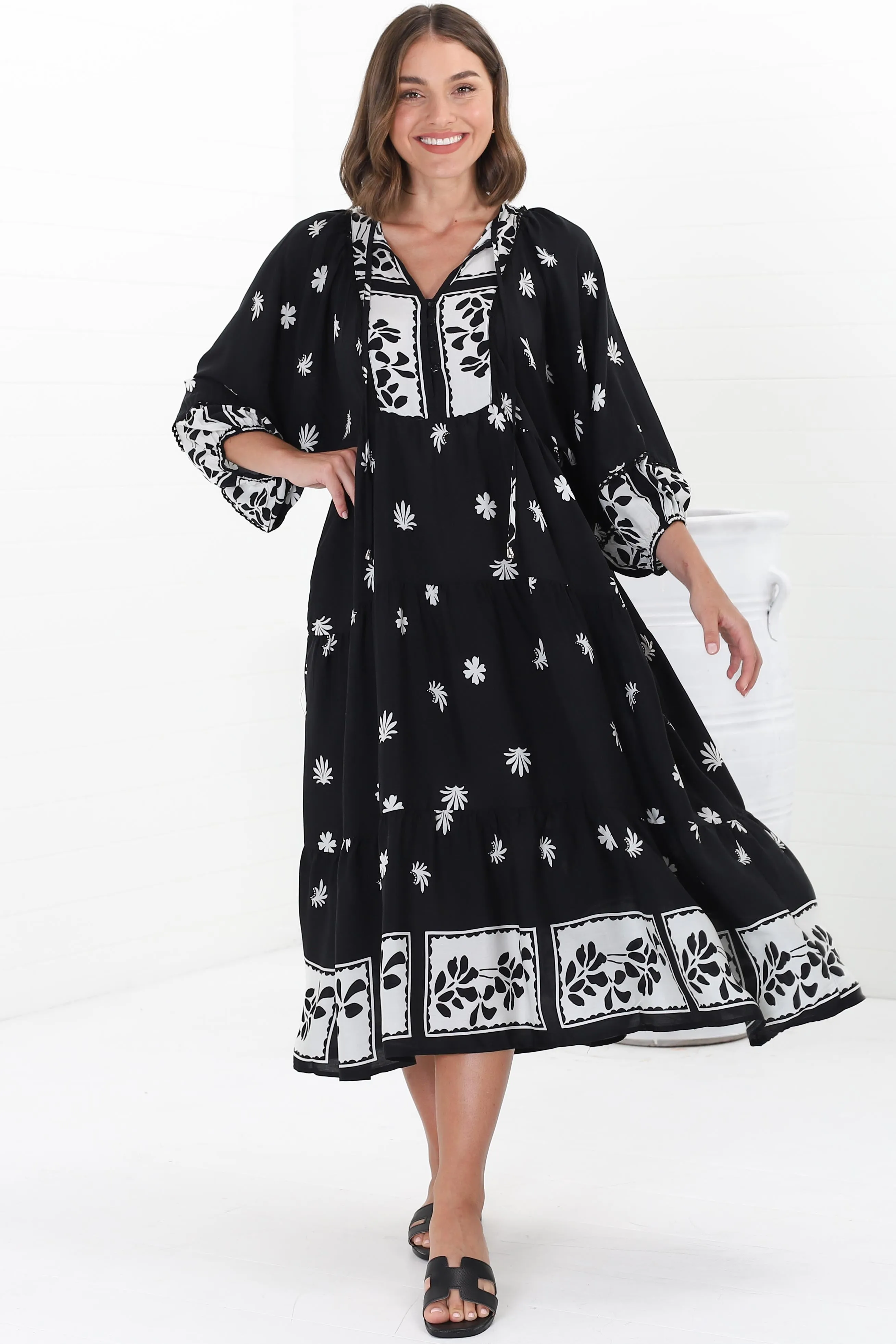 Kamali Midi Dress - Batwing Sleeve Smock Dress with Lace Detailing in Marjo Print Black sold by Salty Crush product image thumbnail 3