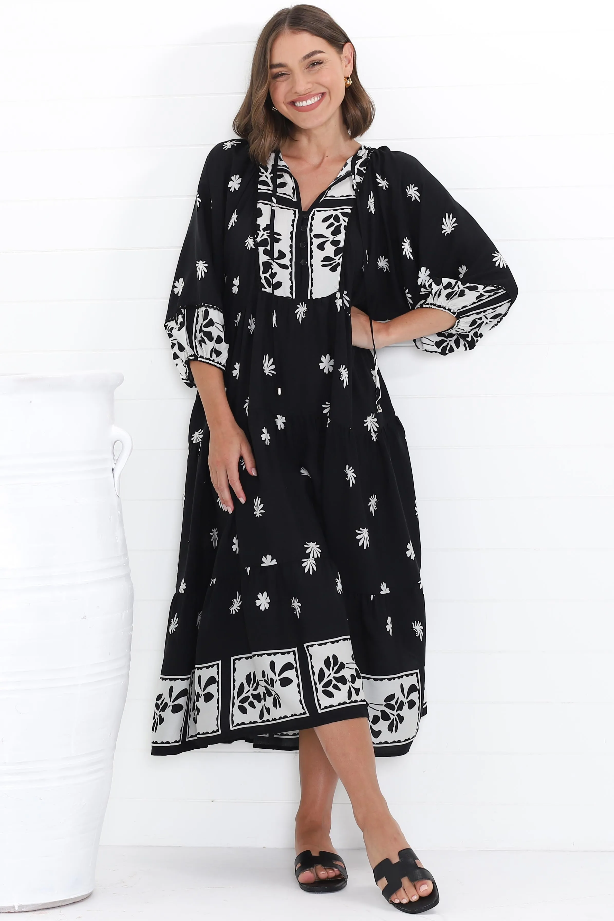 Kamali Midi Dress - Batwing Sleeve Smock Dress with Lace Detailing in Marjo Print Black sold by Salty Crush product image thumbnail 5