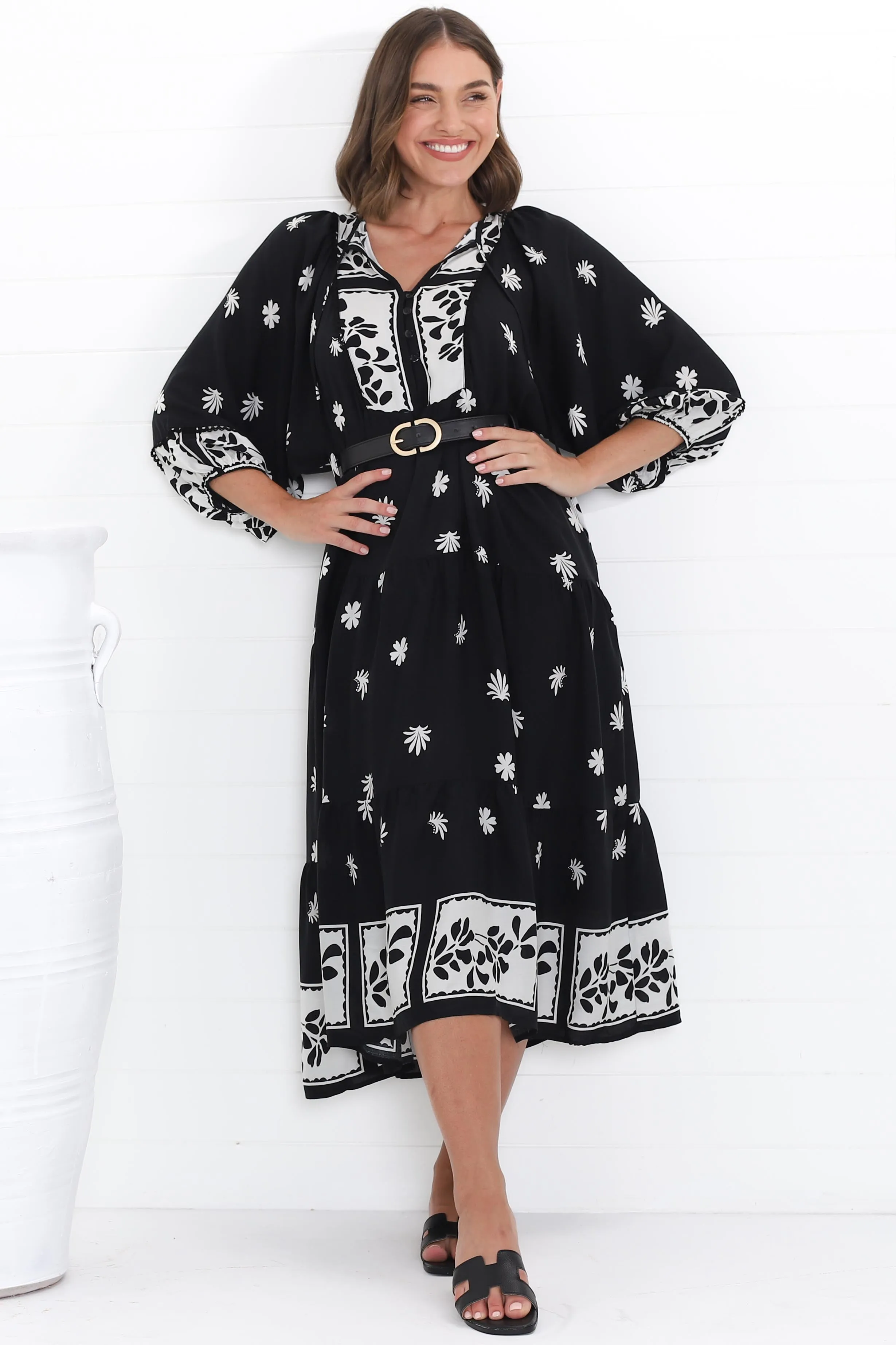 Kamali Midi Dress - Batwing Sleeve Smock Dress with Lace Detailing in Marjo Print Black sold by Salty Crush product image thumbnail 2
