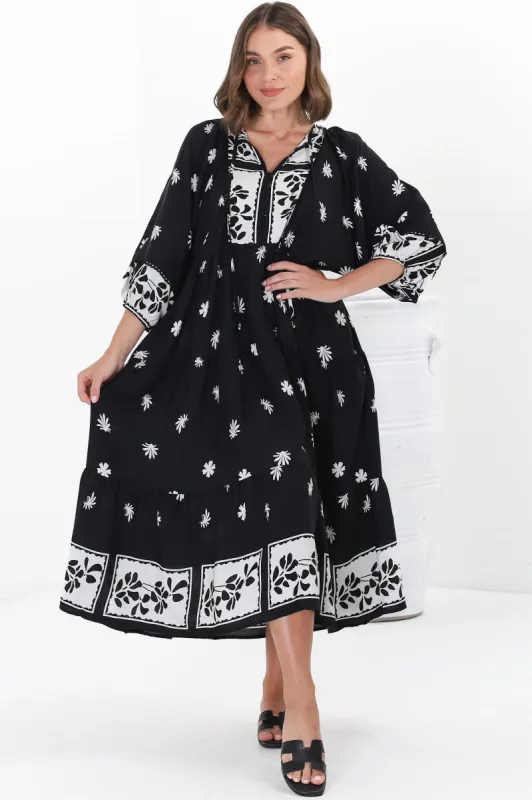 Kamali Midi Dress - Batwing Sleeve Smock Dress with Lace Detailing in Marjo Print Black sold by Salty Crush