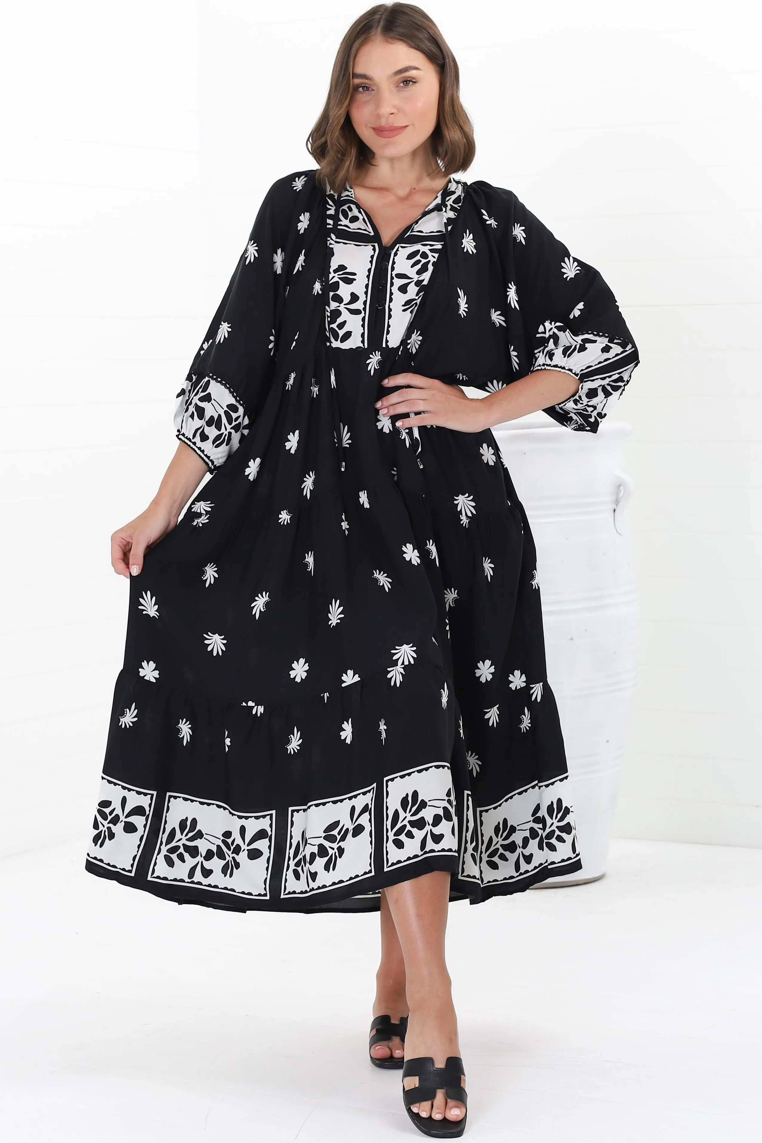 Kamali Midi Dress - Batwing Sleeve Smock Dress with Lace Detailing in Marjo Print Black sold by Salty Crush