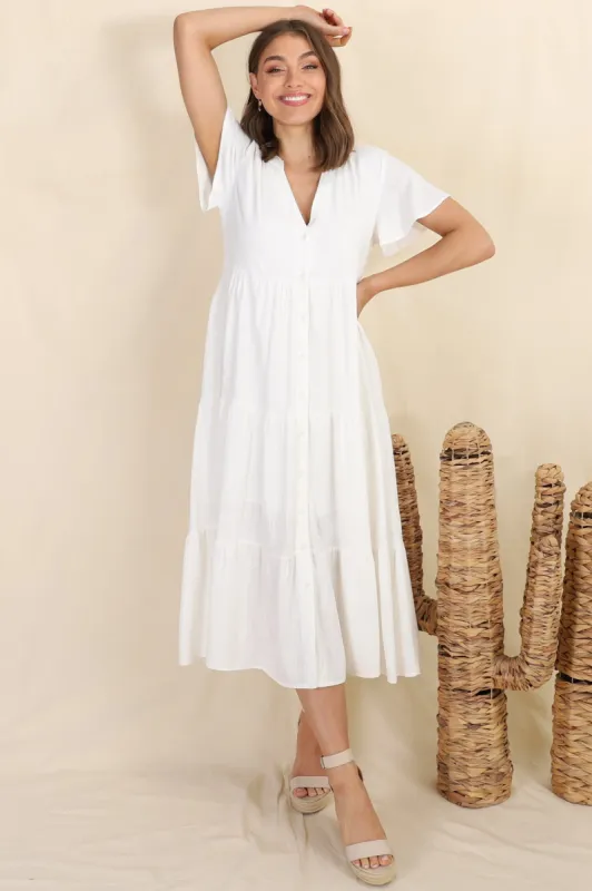 Milla Midi Dress - Tiered Cap Sleeve Button Down Linen Dress in White sold by Salty Crush