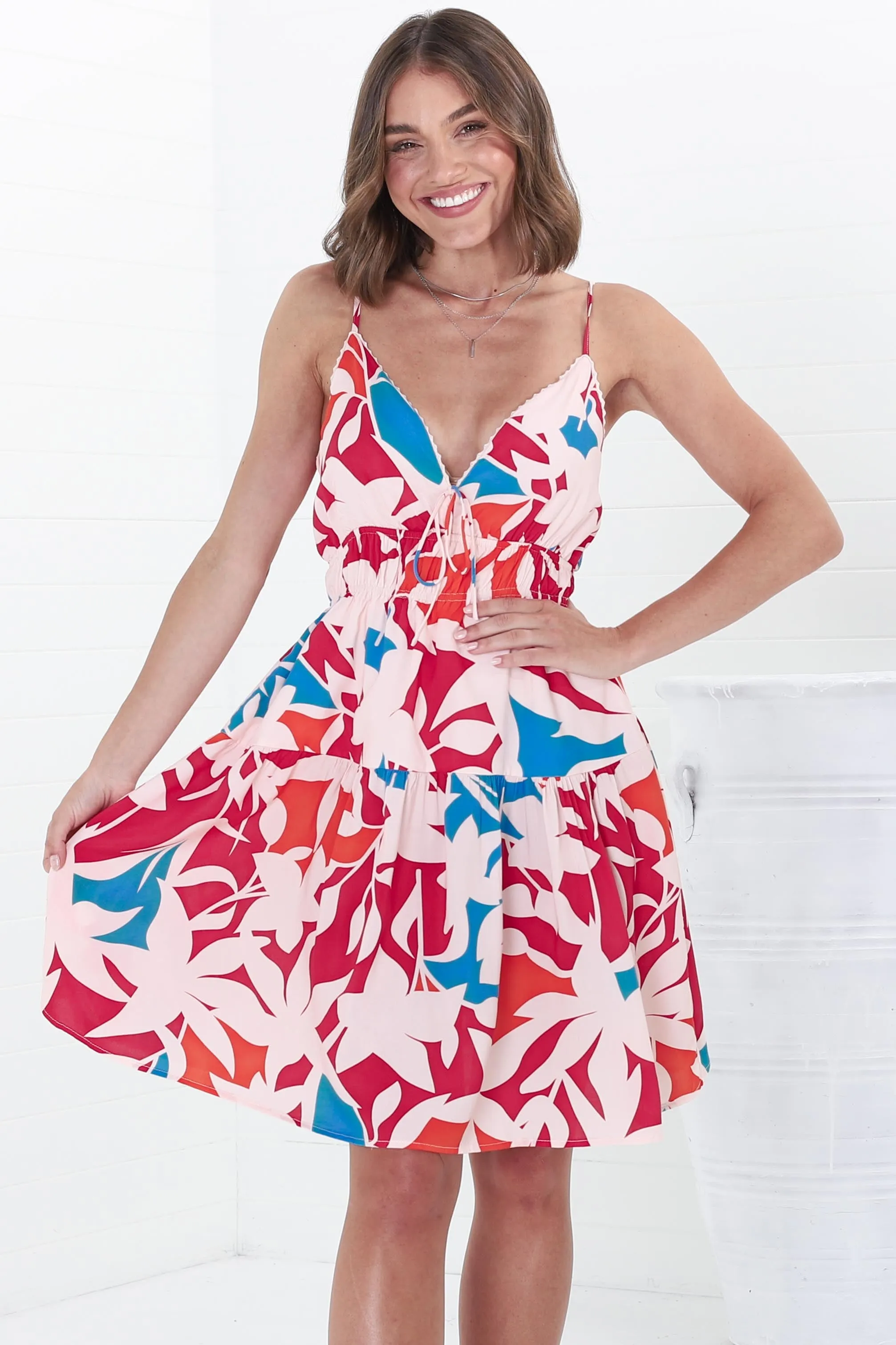 Ember Mini Dress - Sweet Crochet Trim Sun Dress in Polina Print Magenta sold by Salty Crush product image thumbnail 2