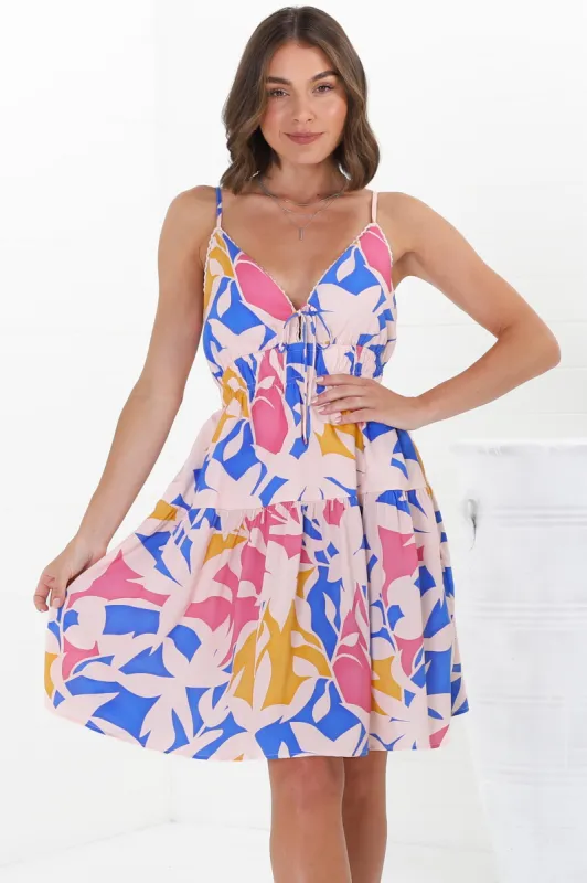 Ember Mini Dress - Sweet Crochet Trim Sun Dress in Polina Print Blue sold by Salty Crush