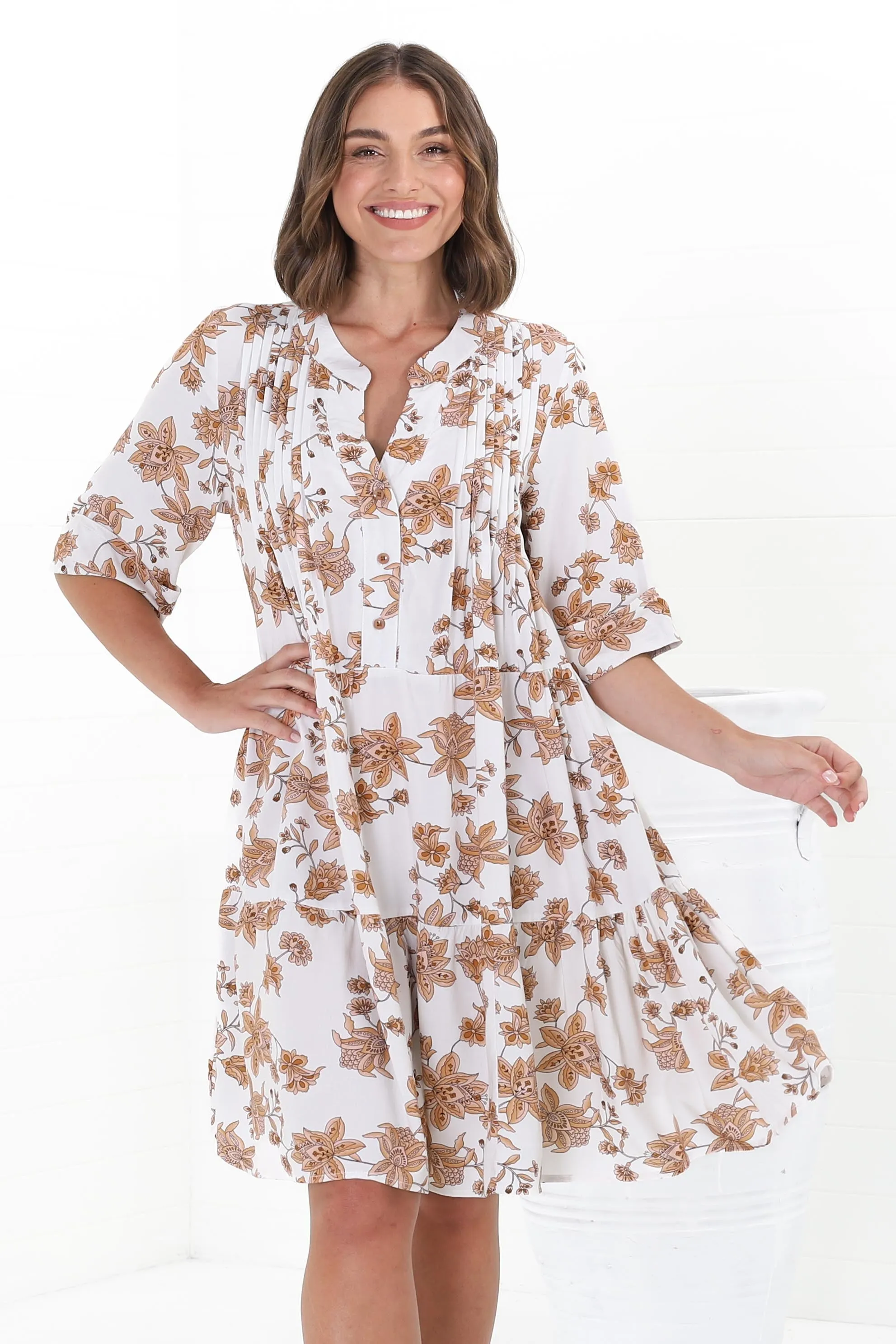 Evie Mini Dress - 3/4 Sleeve Tiered Smock Dress in Halara Print Cream sold by Salty Crush