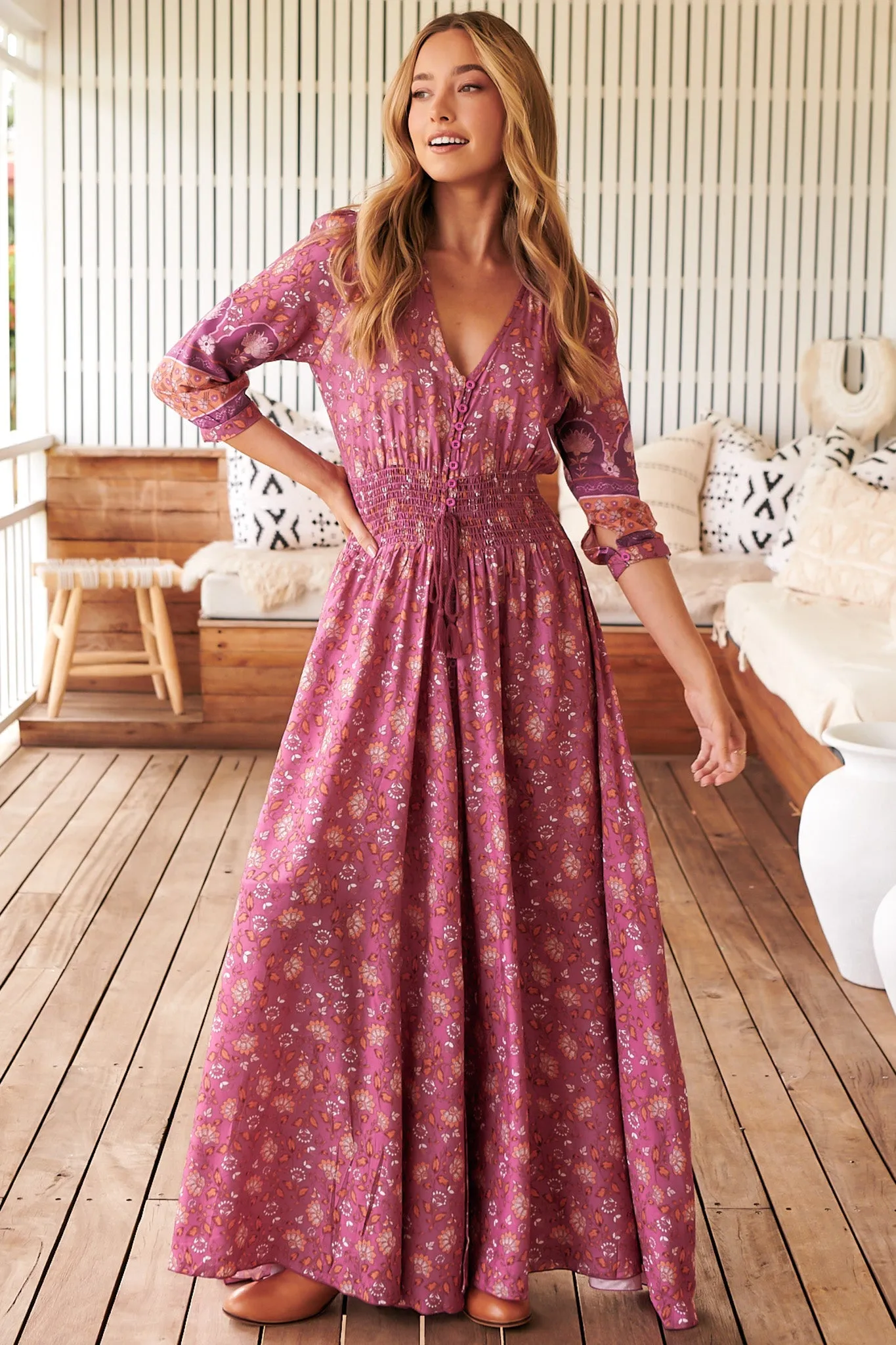 Indiana Maxi Dress - Lace Back Shirred Waist A Line Dress with Handkerchief Hemline in Rose Print sold by Salty Crush product image thumbnail 4