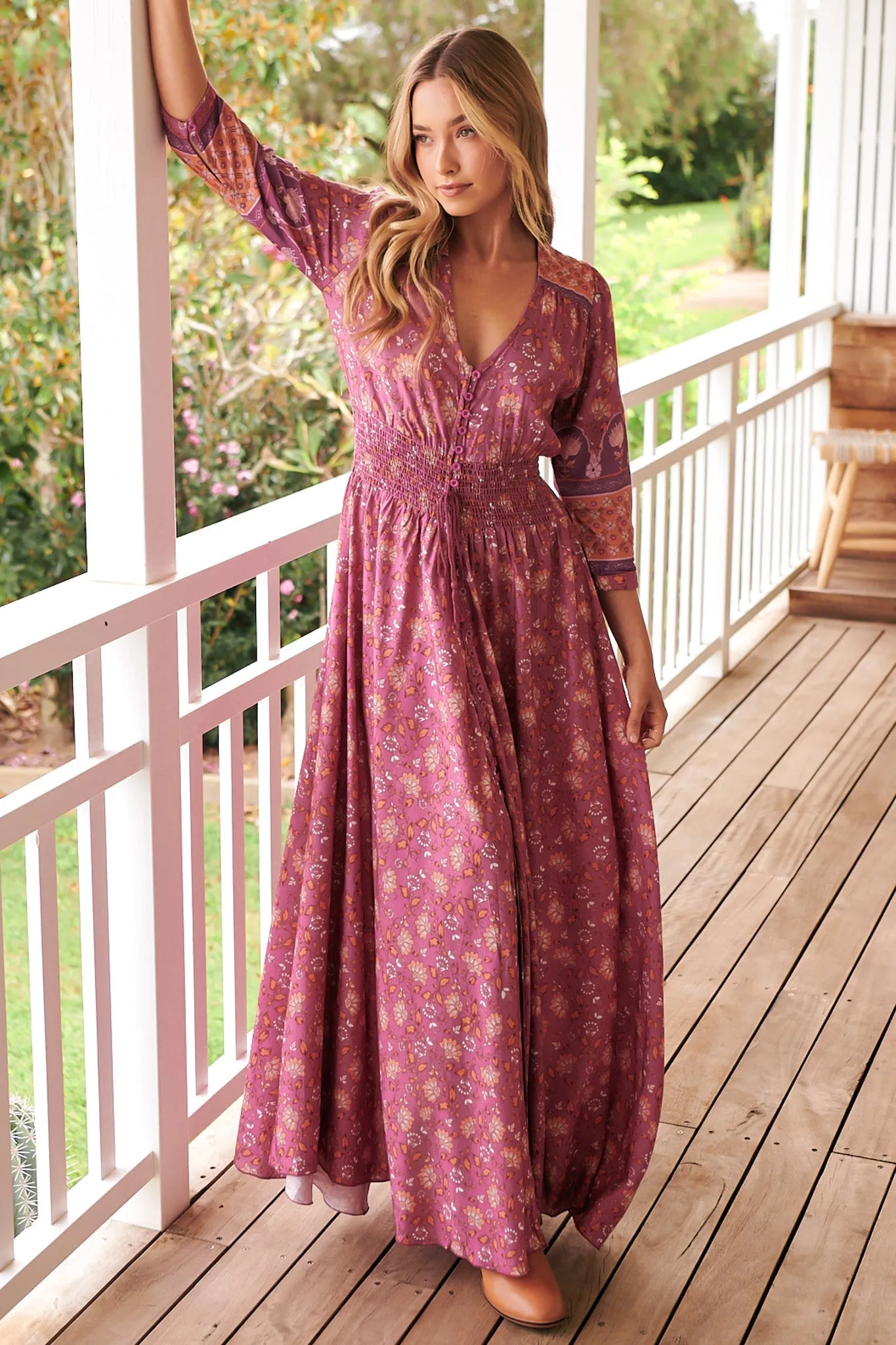 Indiana Maxi Dress - Lace Back Shirred Waist A Line Dress with Handkerchief Hemline in Rose Print sold by Salty Crush product image thumbnail 2